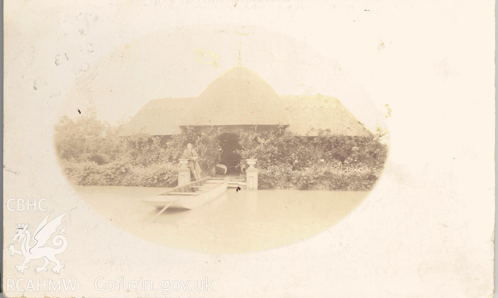 Digitised postcard image of afishing temple on the estate of Mr Bottomley, MP. Unlocated. Produced by Parks and Gardens Data Services, from an original item in the Peter Davis Collection at Parks and Gardens UK. We hold only web-resolution images of this collection, suitable for viewing on screen and for research purposes only. We do not hold the original images, or publication quality scans.