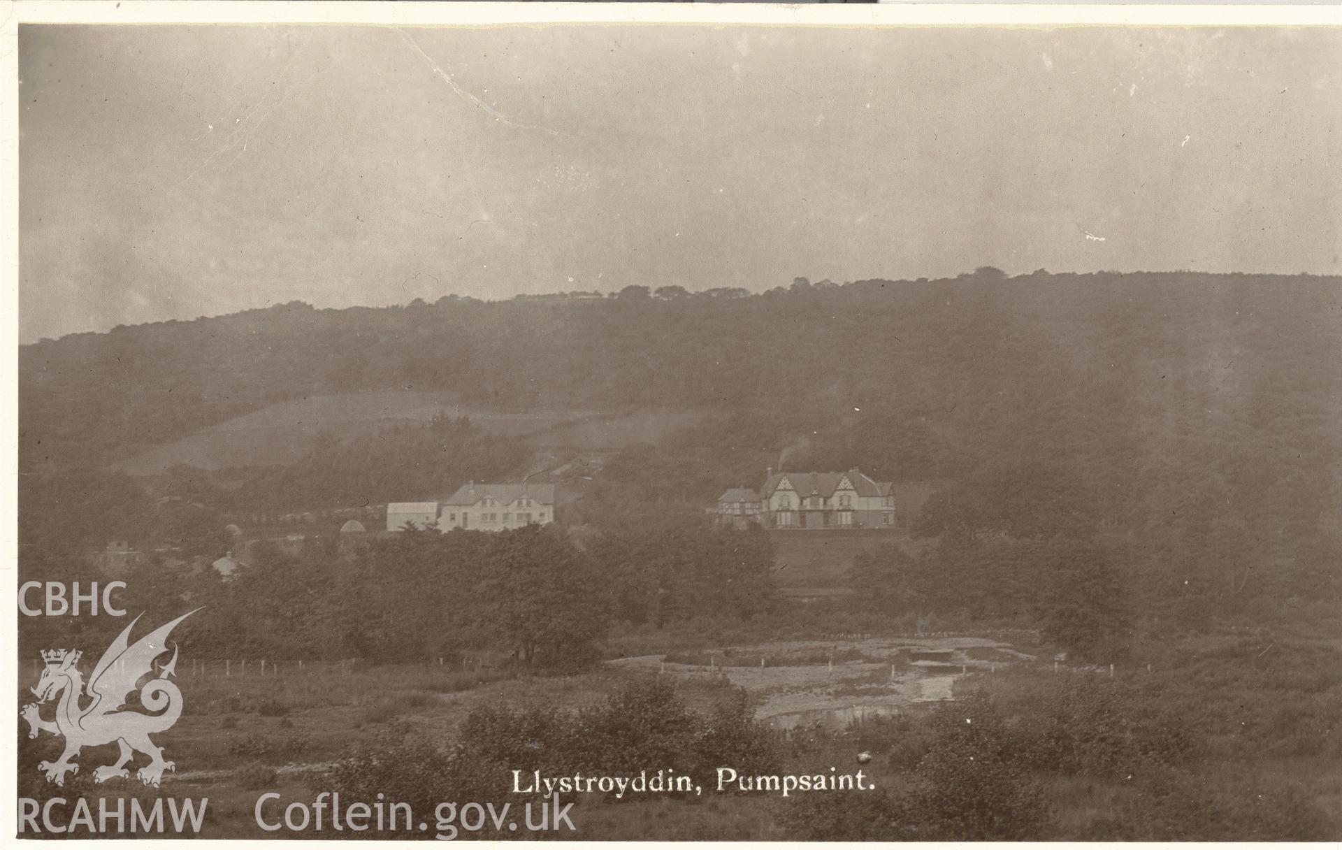 Digitised postcard image of Llystroyddin, Cynwyl Gaeo, Jones Bros, Pumpsaint. Produced by Parks and Gardens Data Services, from an original item in the Peter Davis Collection at Parks and Gardens UK. We hold only web-resolution images of this collection, suitable for viewing on screen and for research purposes only. We do not hold the original images, or publication quality scans.