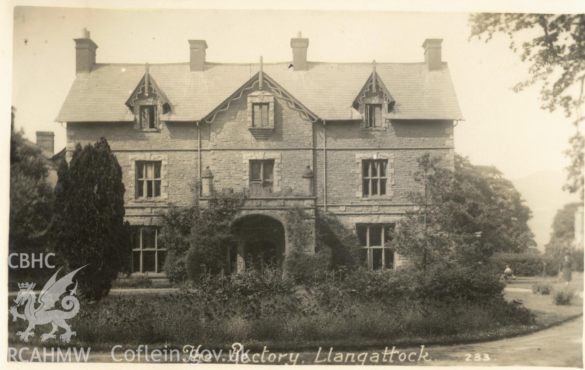 Digitised postcard image of Old Rectory, Llangattock. Produced by Parks and Gardens Data Services, from an original item in the Peter Davis Collection at Parks and Gardens UK. We hold only web-resolution images of this collection, suitable for viewing on screen and for research purposes only. We do not hold the original images, or publication quality scans.