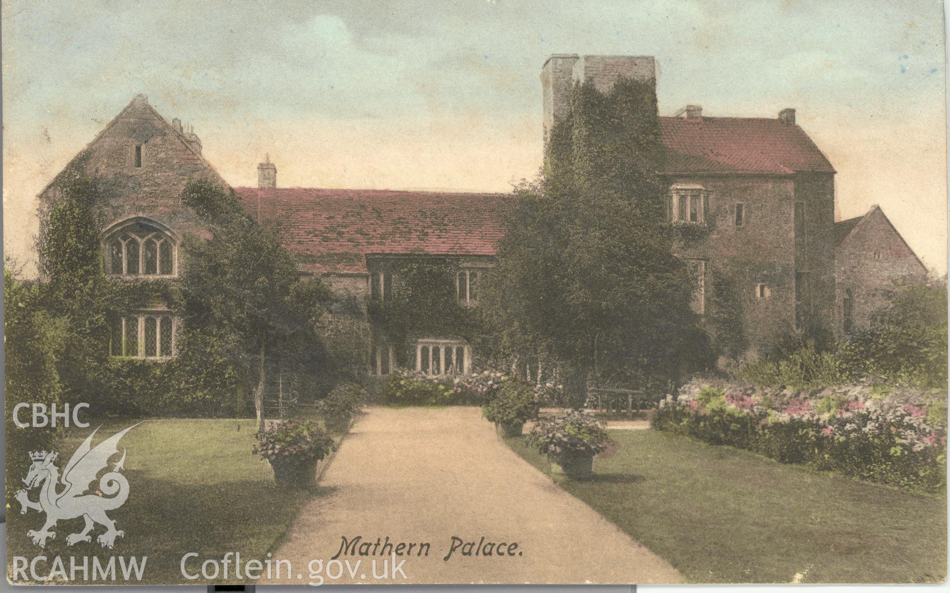 Digitised postcard image of Mathern Palace, F. Frith & Co., Ltd. Produced by Parks and Gardens Data Services, from an original item in the Peter Davis Collection at Parks and Gardens UK. We hold only web-resolution images of this collection, suitable for viewing on screen and for research purposes only. We do not hold the original images, or publication quality scans.