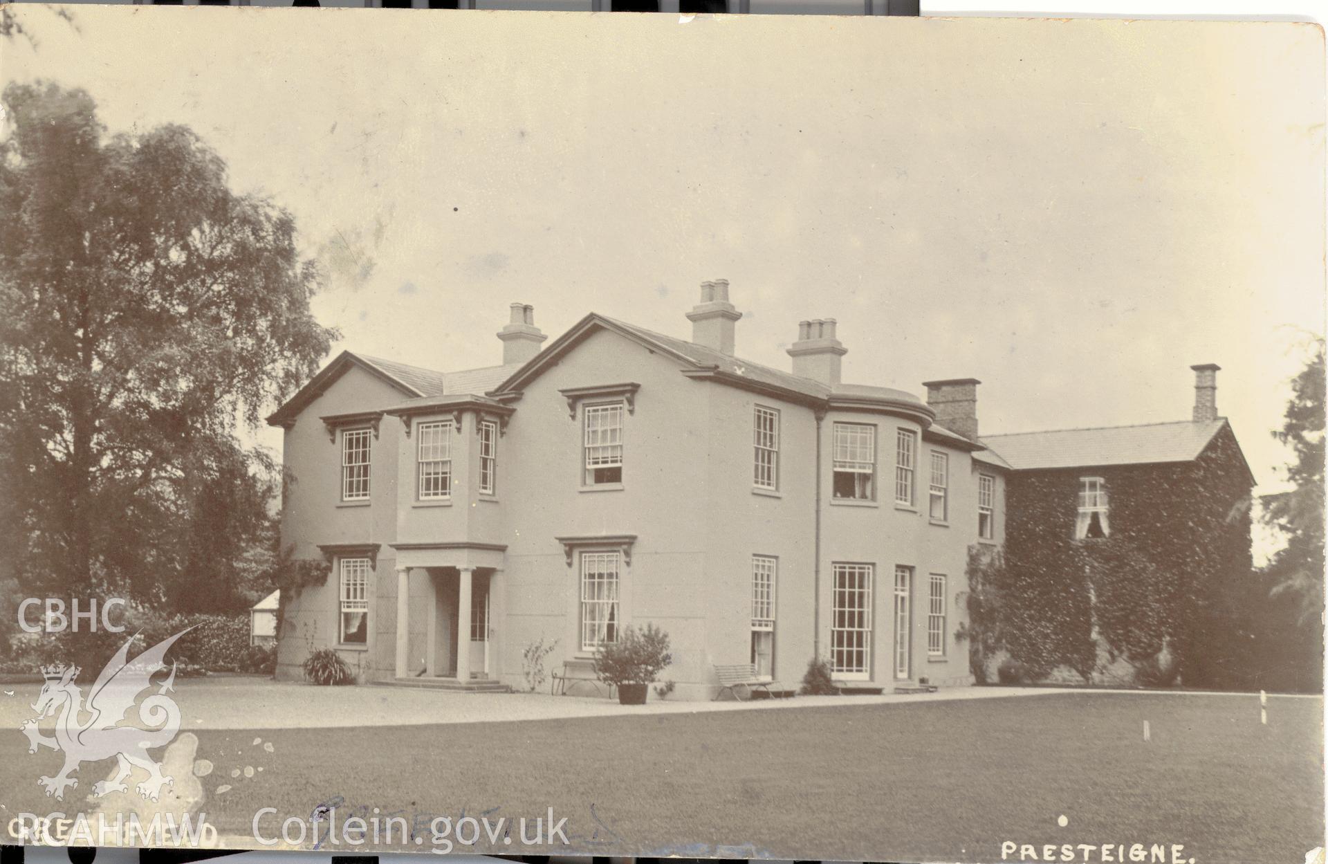 Digitised postcard image of Greenfield, Presteigne. Produced by Parks and Gardens Data Services, from an original item in the Peter Davis Collection at Parks and Gardens UK. We hold only web-resolution images of this collection, suitable for viewing on screen and for research purposes only. We do not hold the original images, or publication quality scans.