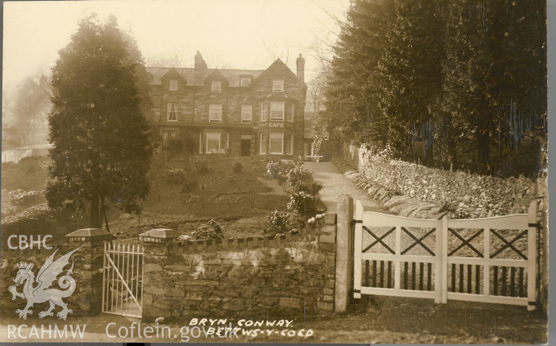 Digitised postcard image of Bryn Conway, Betws-y-Coed. Produced by Parks and Gardens Data Services, from an original item in the Peter Davis Collection at Parks and Gardens UK. We hold only web-resolution images of this collection, suitable for viewing on screen and for research purposes only. We do not hold the original images, or publication quality scans.