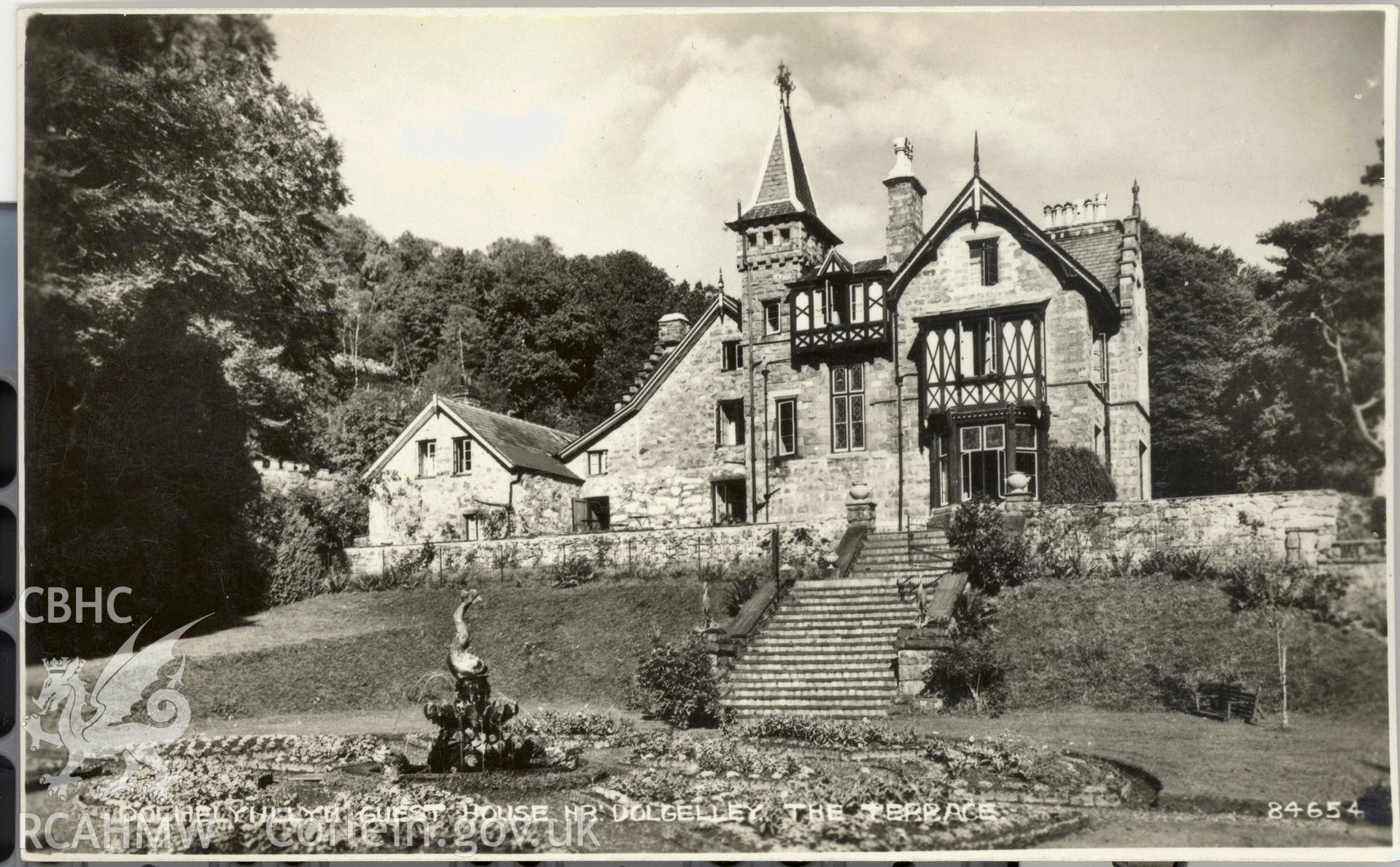 Digitised postcard image of the Terrace, Dolmelynllyn Hall, Ganllwyd, Photochrom Graphic Works Tunbridge Wells. Produced by Parks and Gardens Data Services, from an original item in the Peter Davis Collection at Parks and Gardens UK. We hold only web-resolution images of this collection, suitable for viewing on screen and for research purposes only. We do not hold the original images, or publication quality scans.