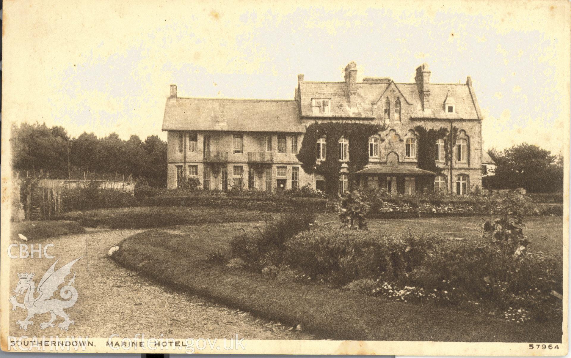 Digitised postcard image of Marine Hotel, Southerndown, Photochrom Co, Ltd. Produced by Parks and Gardens Data Services, from an original item in the Peter Davis Collection at Parks and Gardens UK. We hold only web-resolution images of this collection, suitable for viewing on screen and for research purposes only. We do not hold the original images, or publication quality scans.