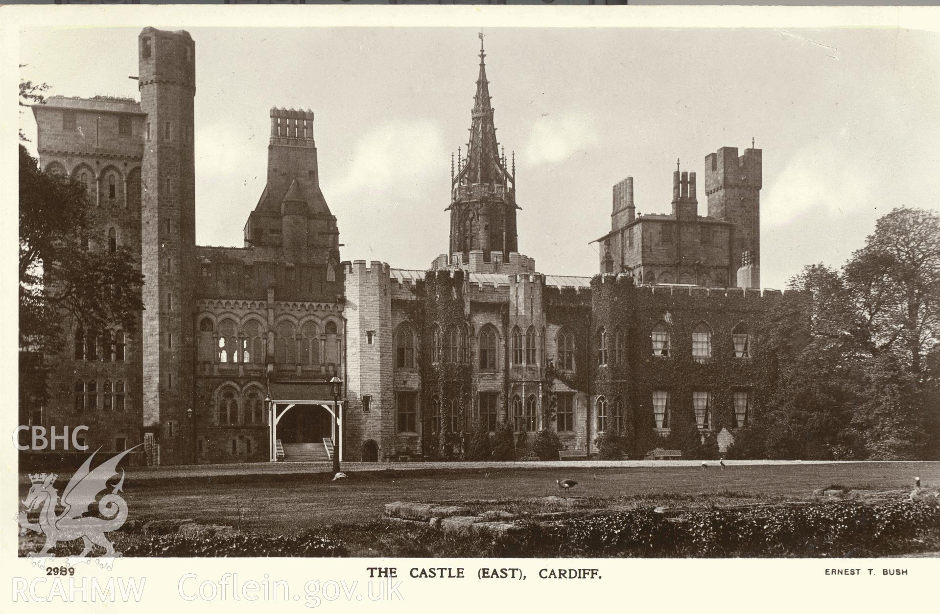 Digitised postcard image of Cardiff Castle from the east, The Royal Photographic Company, London. Produced by Parks and Gardens Data Services, from an original item in the Peter Davis Collection at Parks and Gardens UK. We hold only web-resolution images of this collection, suitable for viewing on screen and for research purposes only. We do not hold the original images, or publication quality scans.