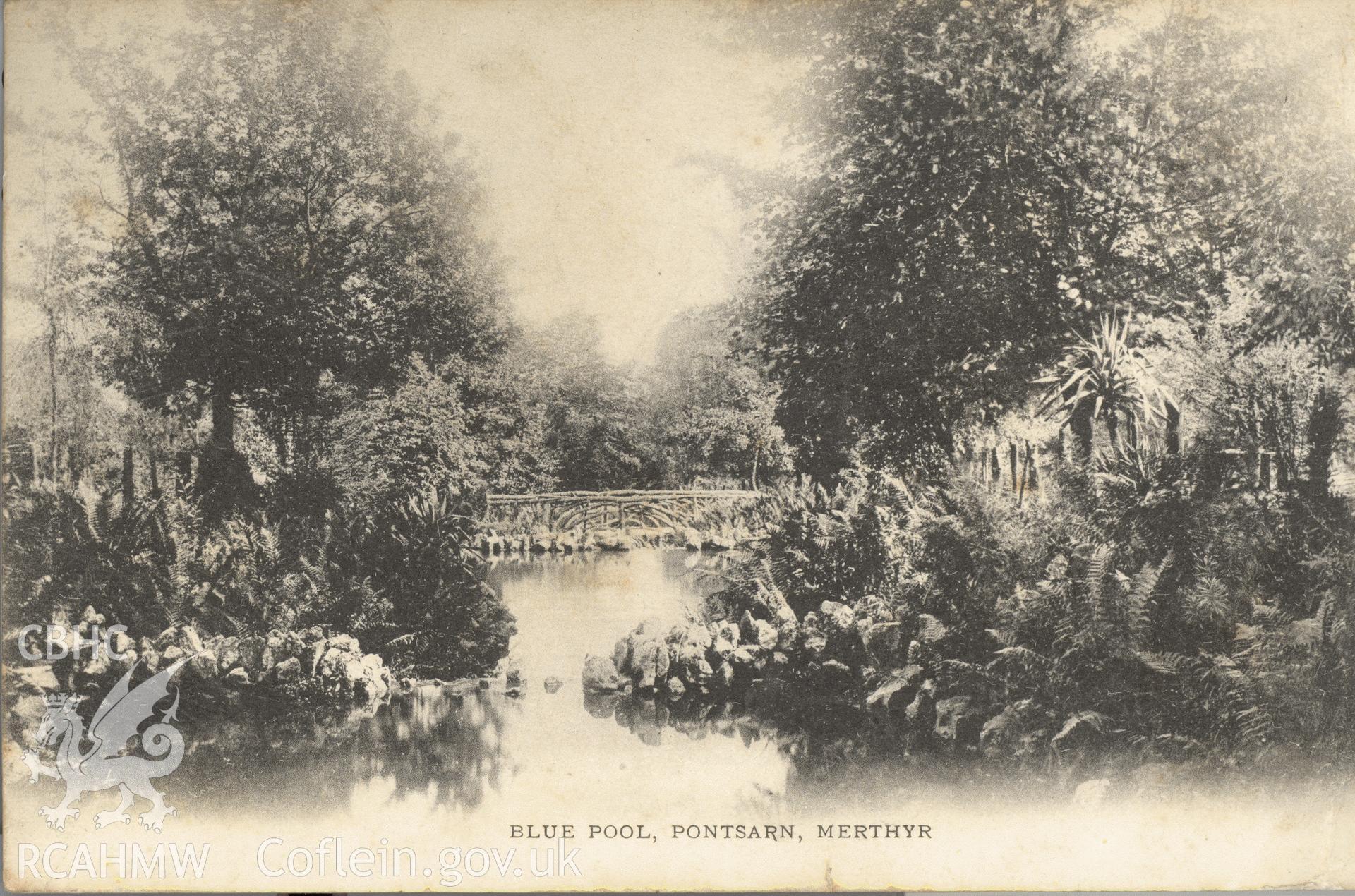 Digitised postcard image of Blue pool, Pontsarn, showing rustic bridge, the Wykeham collection. Produced by Parks and Gardens Data Services, from an original item in the Peter Davis Collection at Parks and Gardens UK. We hold only web-resolution images of this collection, suitable for viewing on screen and for research purposes only. We do not hold the original images, or publication quality scans.