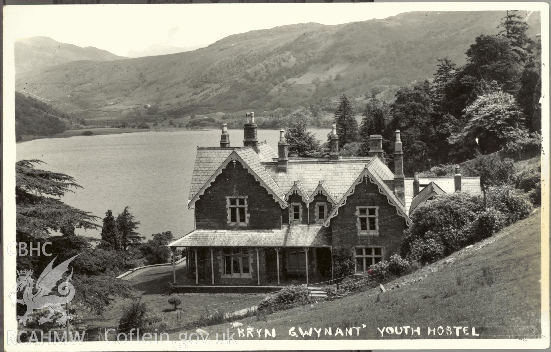 Digitised postcard image of Bryn Gwynant, Nantgwynant, Hutton, "Aldersyde", Llanelian. Produced by Parks and Gardens Data Services, from an original item in the Peter Davis Collection at Parks and Gardens UK. We hold only web-resolution images of this collection, suitable for viewing on screen and for research purposes only. We do not hold the original images, or publication quality scans.