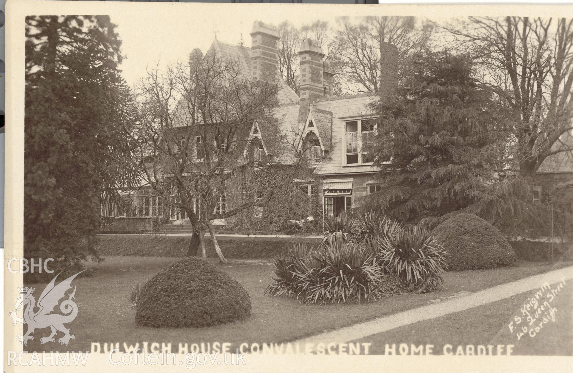 Digitised postcard image of Dulwich house Convalscent Hospital, Cardiff, F.S. Keigwin, 42 Queen Streeet, Cardiff. Produced by Parks and Gardens Data Services, from an original item in the Peter Davis Collection at Parks and Gardens UK. We hold only web-resolution images of this collection, suitable for viewing on screen and for research purposes only. We do not hold the original images, or publication quality scans.