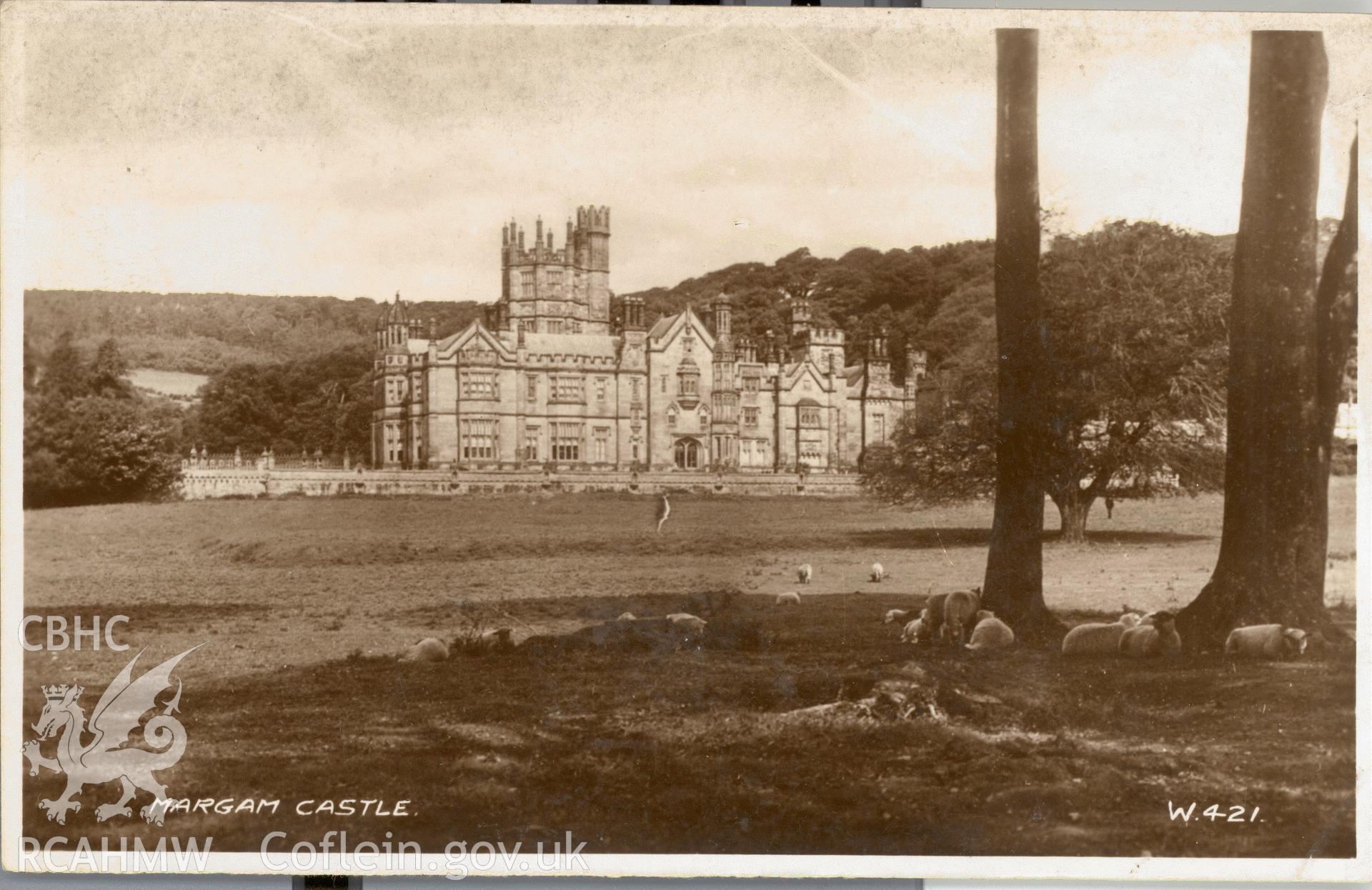 Digitised postcard image of Margam Castle, Valentines & Sons Ltd. Produced by Parks and Gardens Data Services, from an original item in the Peter Davis Collection at Parks and Gardens UK. We hold only web-resolution images of this collection, suitable for viewing on screen and for research purposes only. We do not hold the original images, or publication quality scans.