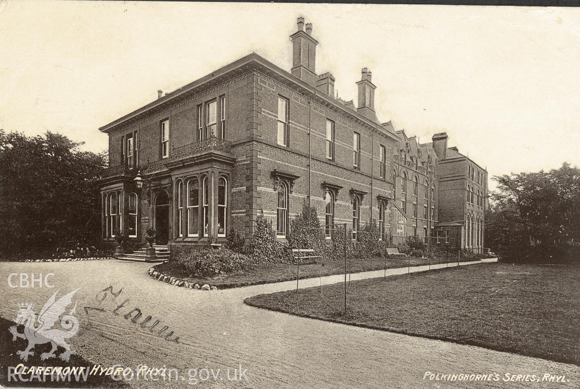 Digitised postcard image of Claremont Hydro, Rhyl, Polkinghorne's Series, Rhyl. Produced by Parks and Gardens Data Services, from an original item in the Peter Davis Collection at Parks and Gardens UK. We hold only web-resolution images of this collection, suitable for viewing on screen and for research purposes only. We do not hold the original images, or publication quality scans.