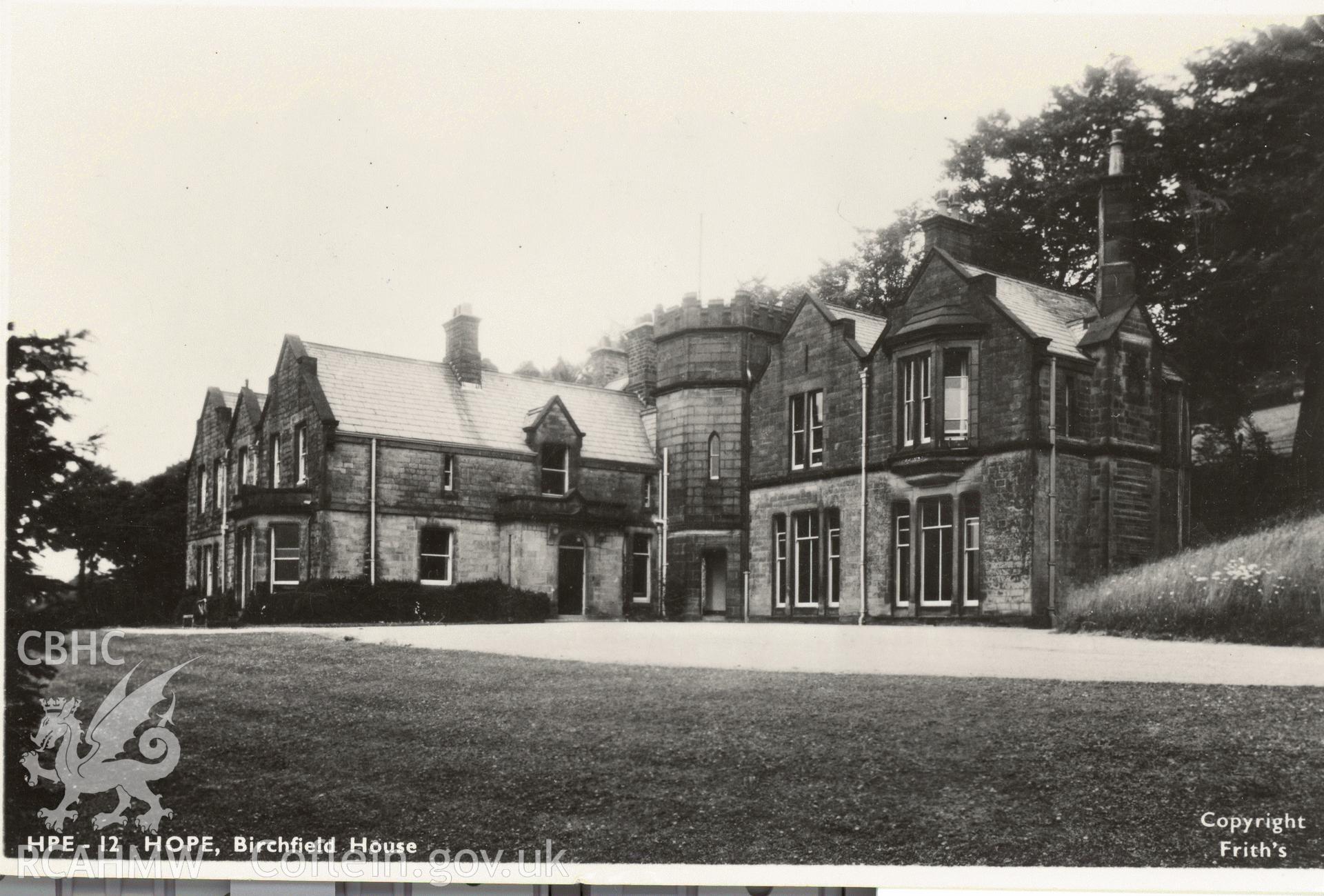 Birchfield house, One of the WTA Guest Houses, Frith's Series. Digitised postcard image of an unlocated site. Produced by Parks and Gardens Data Services, from an original item in the Peter Davis Collection at Parks and Gardens UK. We hold only web-resolution images of this collection, suitable for viewing on screen and for research purposes only. We do not hold the original images, or publication quality scans.