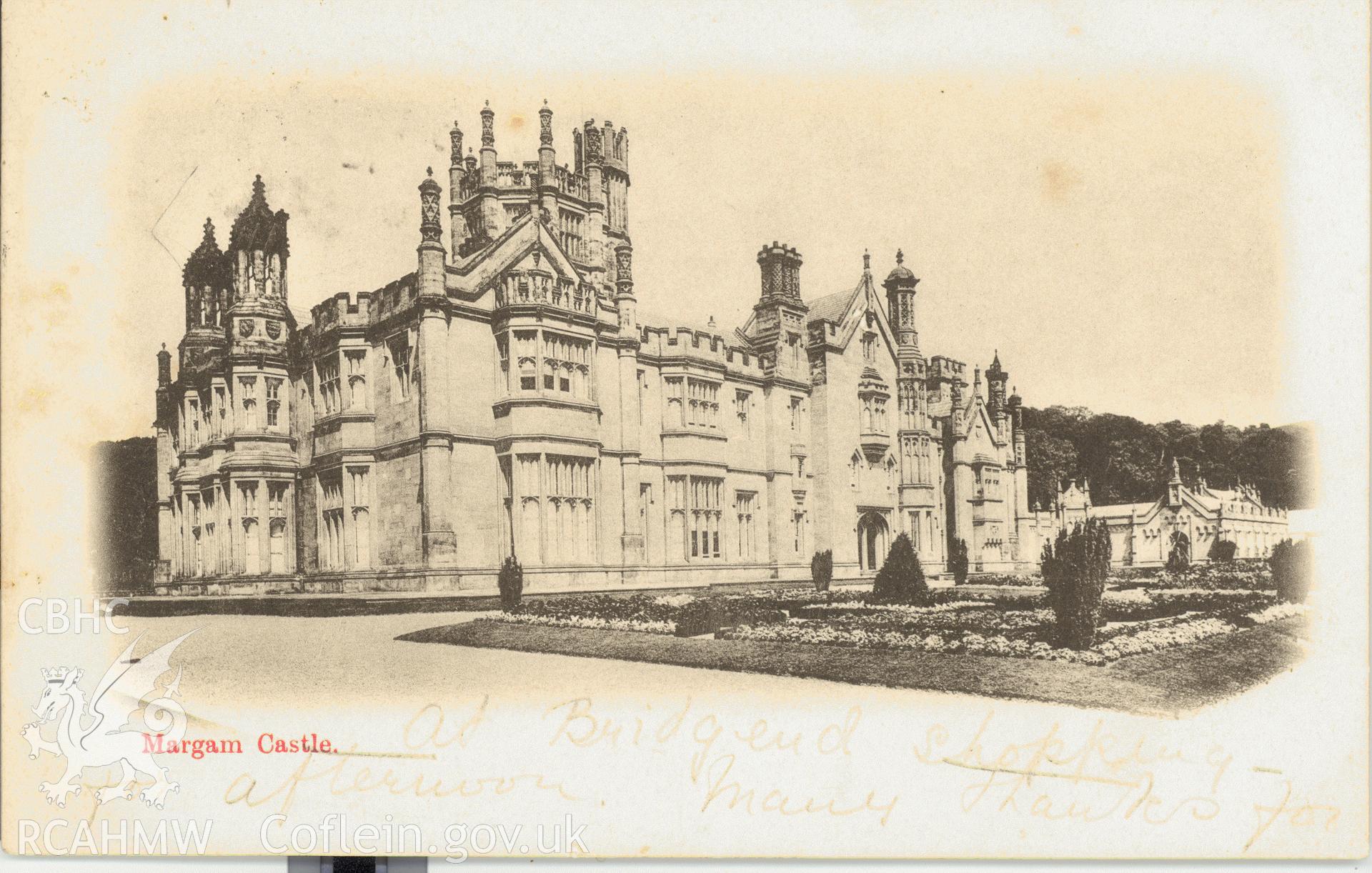 Digitised postcard image of Margam Castle. Produced by Parks and Gardens Data Services, from an original item in the Peter Davis Collection at Parks and Gardens UK. We hold only web-resolution images of this collection, suitable for viewing on screen and for research purposes only. We do not hold the original images, or publication quality scans.