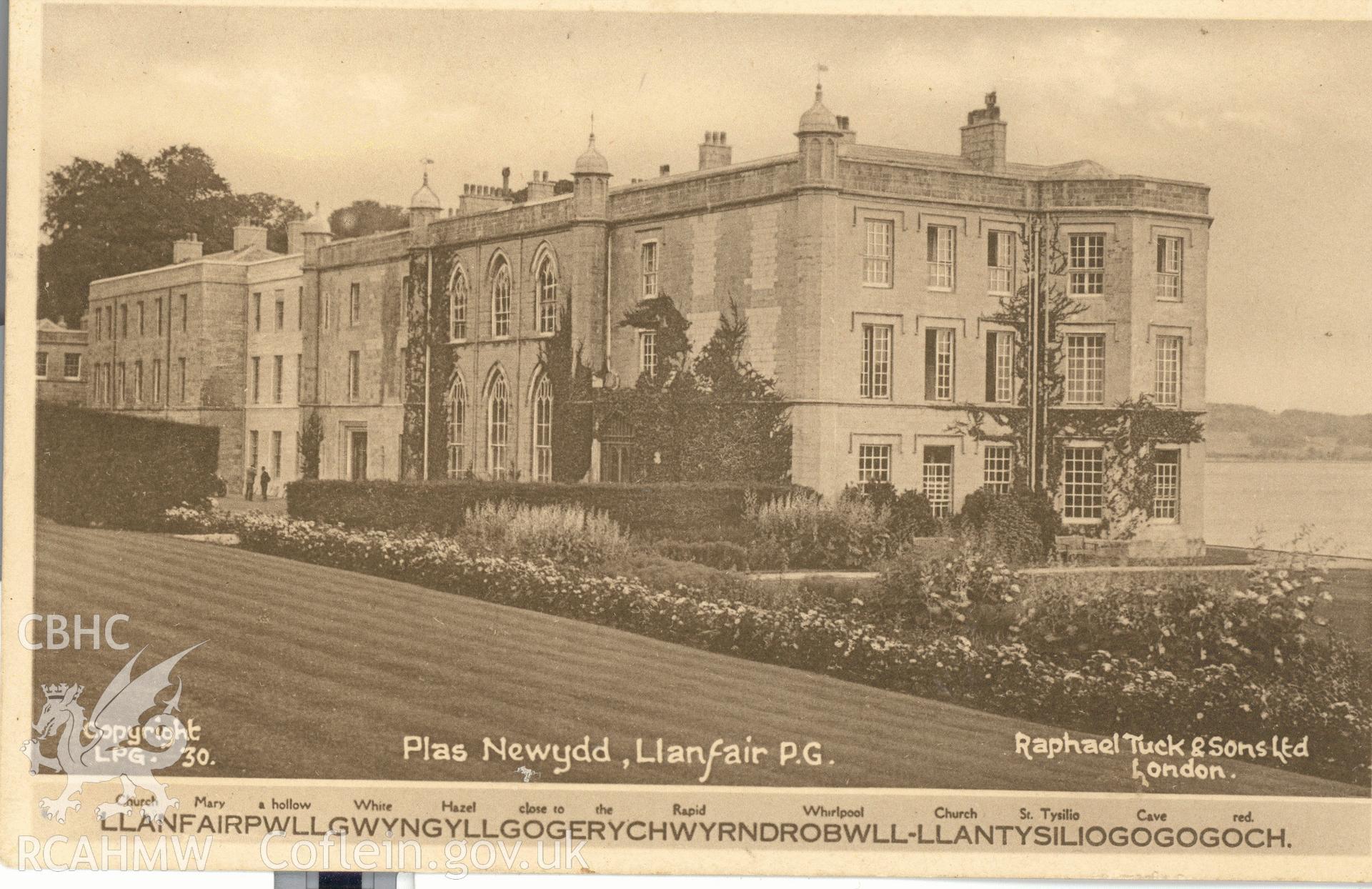 Digitised postcard image of Plas Newydd, Llanddaniel Fab, Raphael Tuck and Sons Ltd. Produced by Parks and Gardens Data Services, from an original item in the Peter Davis Collection at Parks and Gardens UK. We hold only web-resolution images of this collection, suitable for viewing on screen and for research purposes only. We do not hold the original images, or publication quality scans.