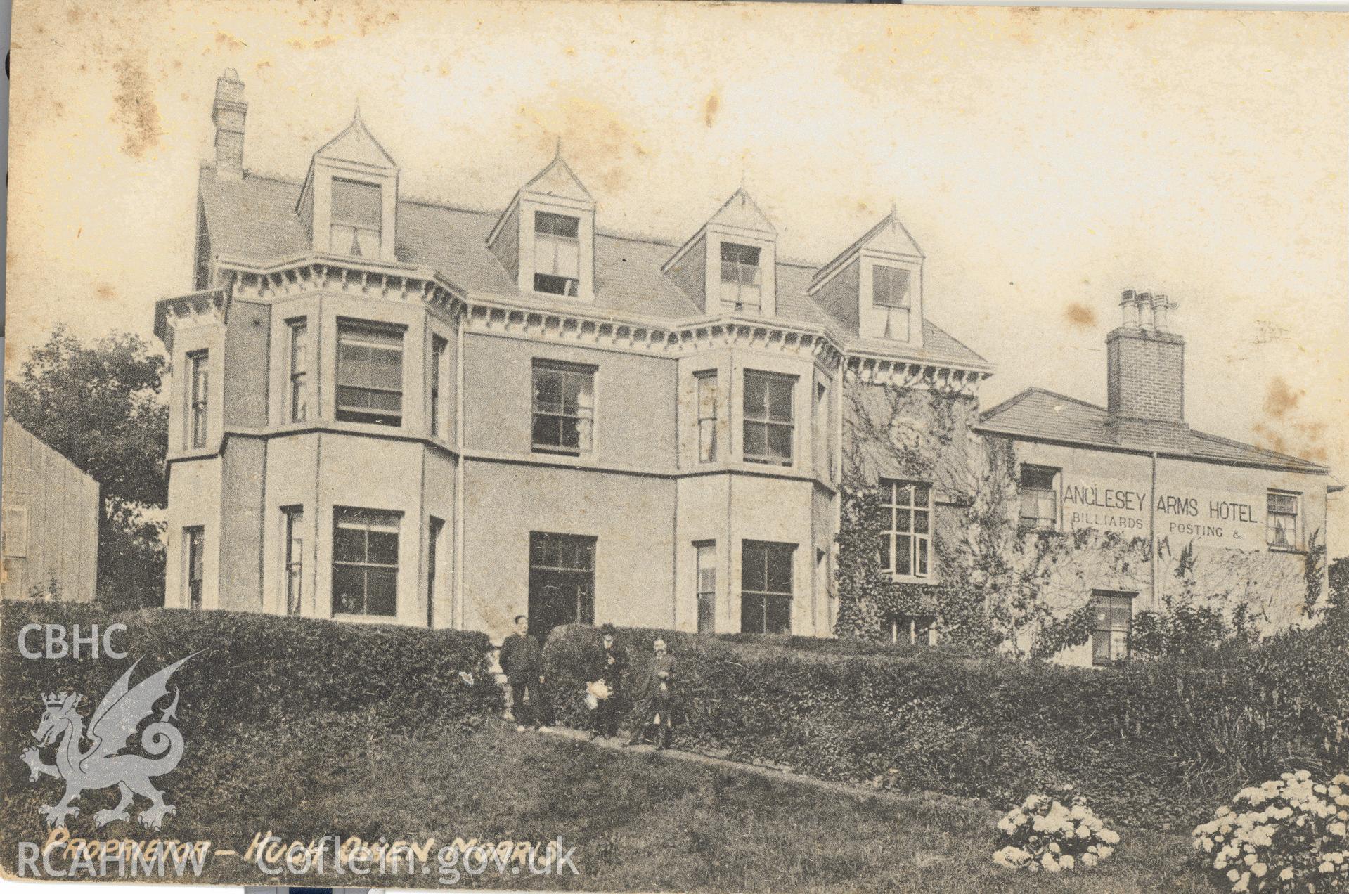 Digitised postcard image of Anglesey Arms Hotel, Menai Bridge. Produced by Parks and Gardens Data Services, from an original item in the Peter Davis Collection at Parks and Gardens UK. We hold only web-resolution images of this collection, suitable for viewing on screen and for research purposes only. We do not hold the original images, or publication quality scans.