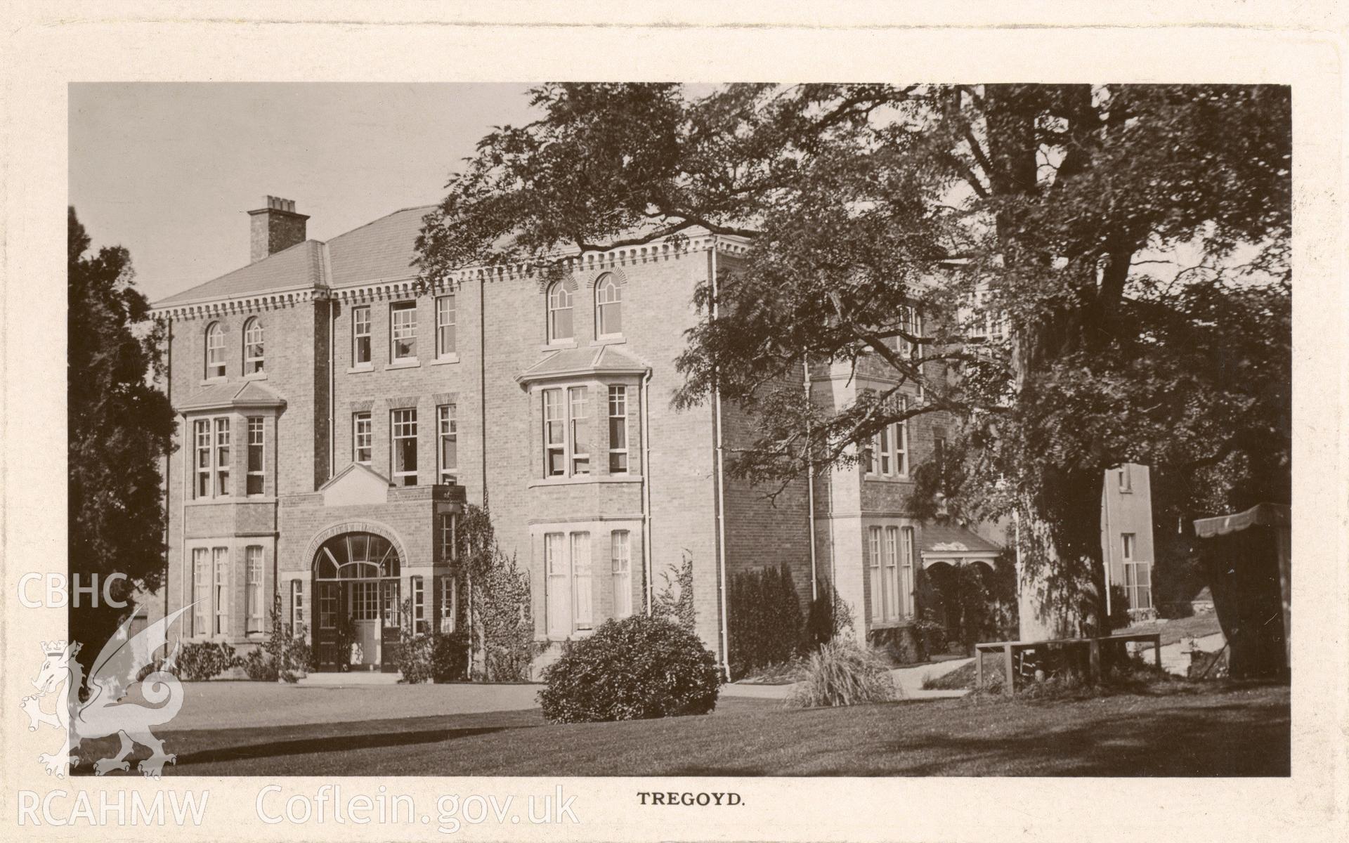 Digitised postcard image of Tregoyd Hall, Gwernyfed, Grant, Stationer, Hay. Produced by Parks and Gardens Data Services, from an original item in the Peter Davis Collection at Parks and Gardens UK. We hold only web-resolution images of this collection, suitable for viewing on screen and for research purposes only. We do not hold the original images, or publication quality scans.