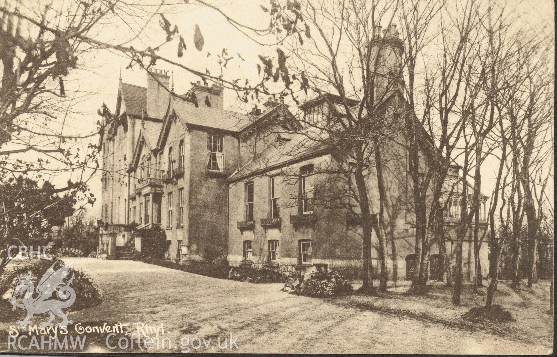 Digitised postcard image of St Mary's Convent, Rhyl, Rae Pickard 171141. Produced by Parks and Gardens Data Services, from an original item in the Peter Davis Collection at Parks and Gardens UK. We hold only web-resolution images of this collection, suitable for viewing on screen and for research purposes only. We do not hold the original images, or publication quality scans.