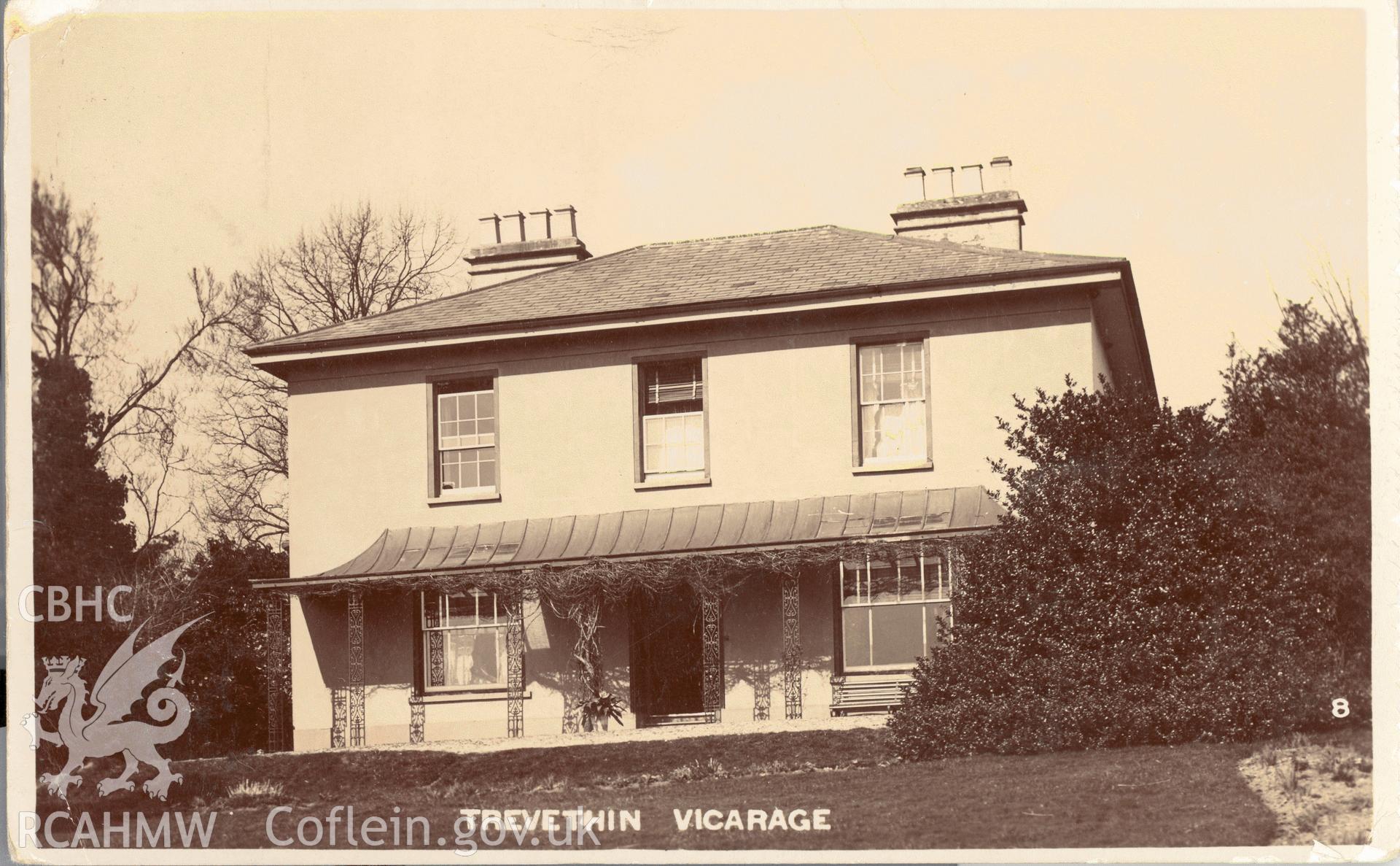Digitised postcard image of Trevethin Vicarage, A. & G. Taylor. Produced by Parks and Gardens Data Services, from an original item in the Peter Davis Collection at Parks and Gardens UK. We hold only web-resolution images of this collection, suitable for viewing on screen and for research purposes only. We do not hold the original images, or publication quality scans.