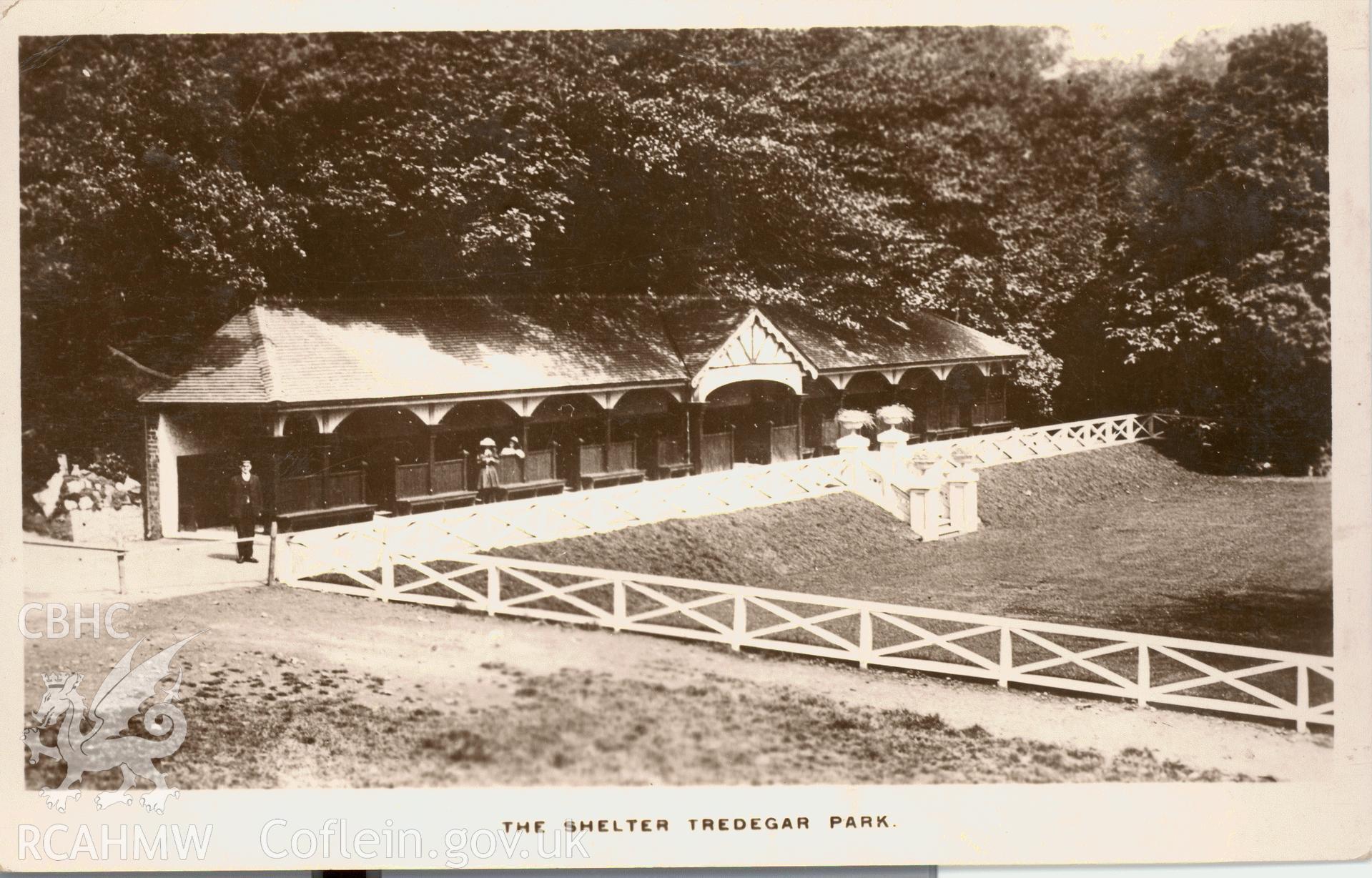 Digitised postcard image of the Shelter, Bedwellty Park, Tredegar, E.G. Bowen, 22 Commercial St, Tredegar. Produced by Parks and Gardens Data Services, from an original item in the Peter Davis Collection at Parks and Gardens UK. We hold only web-resolution images of this collection, suitable for viewing on screen and for research purposes only. We do not hold the original images, or publication quality scans.