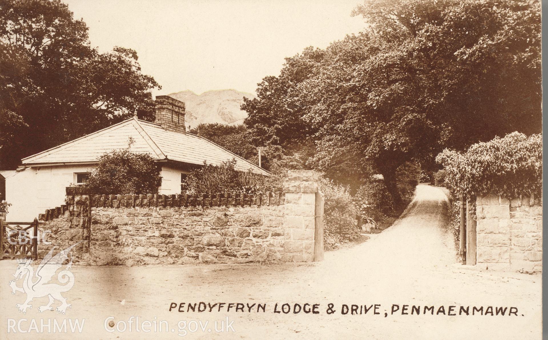 Digitised postcard image of lodge and drive at Pendyffryn Hall, Penmaenmawr. Produced by Parks and Gardens Data Services, from an original item in the Peter Davis Collection at Parks and Gardens UK. We hold only web-resolution images of this collection, suitable for viewing on screen and for research purposes only. We do not hold the original images, or publication quality scans.