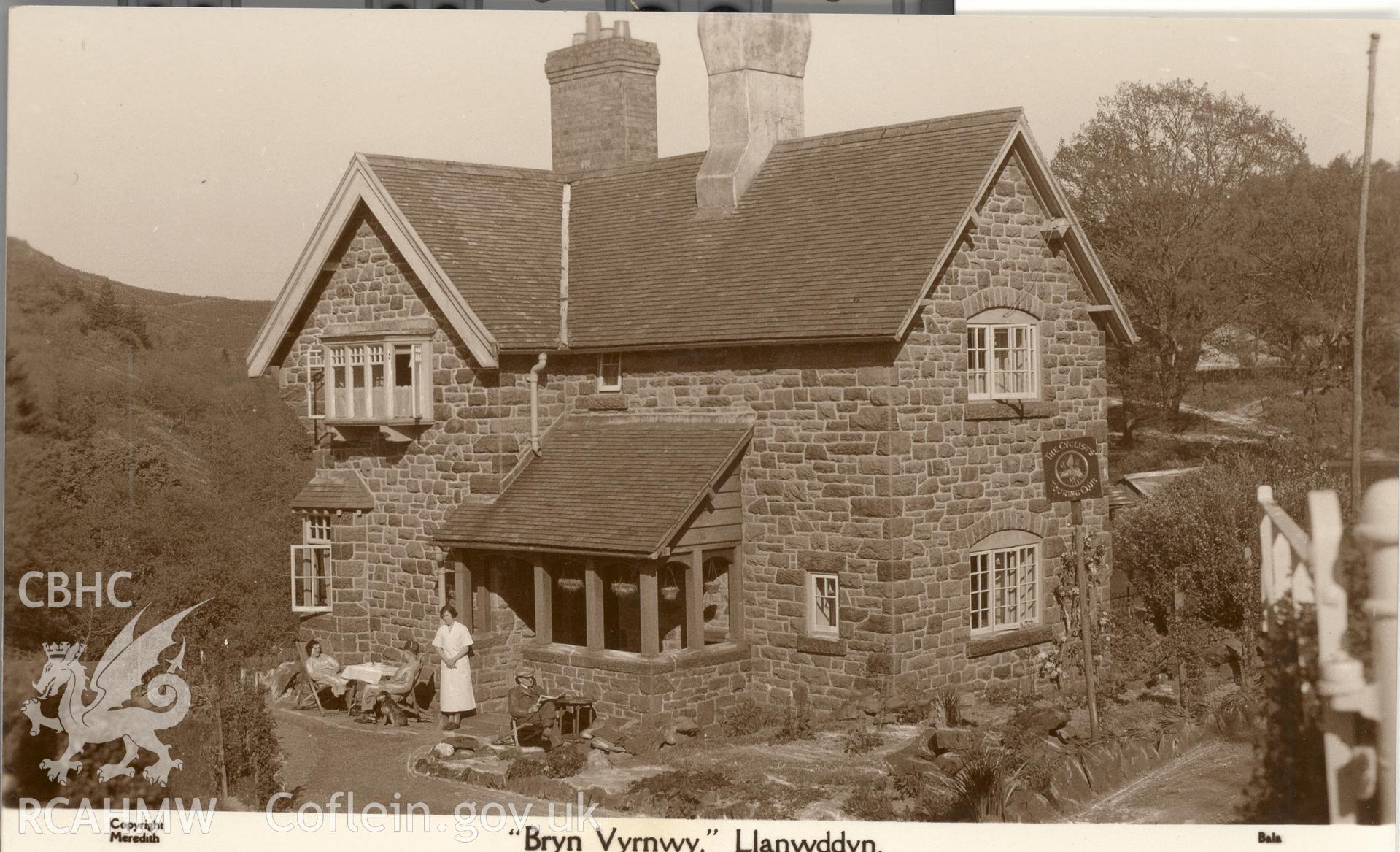 Digitised postcard image of Bryn Vyrnwy, Llanwddyn, with figures, Meredith, Bala. Produced by Parks and Gardens Data Services, from an original item in the Peter Davis Collection at Parks and Gardens UK. We hold only web-resolution images of this collection, suitable for viewing on screen and for research purposes only. We do not hold the original images, or publication quality scans.