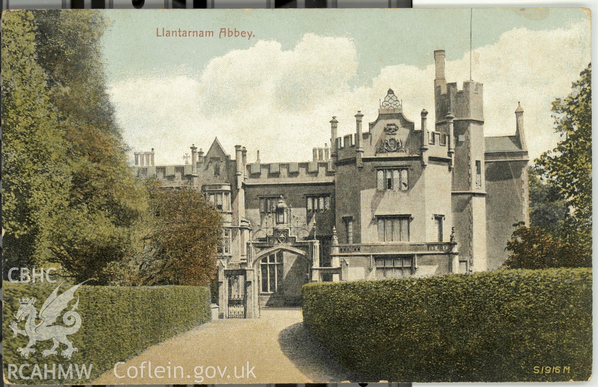 Digitised postcard image of Llantarnam Abbey, Harding's (Bristol and Cardiff). Produced by Parks and Gardens Data Services, from an original item in the Peter Davis Collection at Parks and Gardens UK. We hold only web-resolution images of this collection, suitable for viewing on screen and for research purposes only. We do not hold the original images, or publication quality scans.
