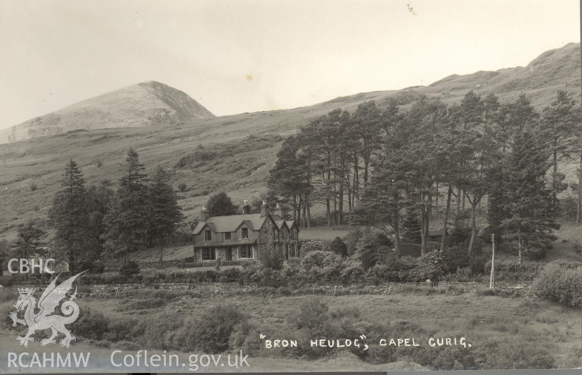 Digitised postcard image of Bronheulog, Capel Curig. Produced by Parks and Gardens Data Services, from an original item in the Peter Davis Collection at Parks and Gardens UK. We hold only web-resolution images of this collection, suitable for viewing on screen and for research purposes only. We do not hold the original images, or publication quality scans.
