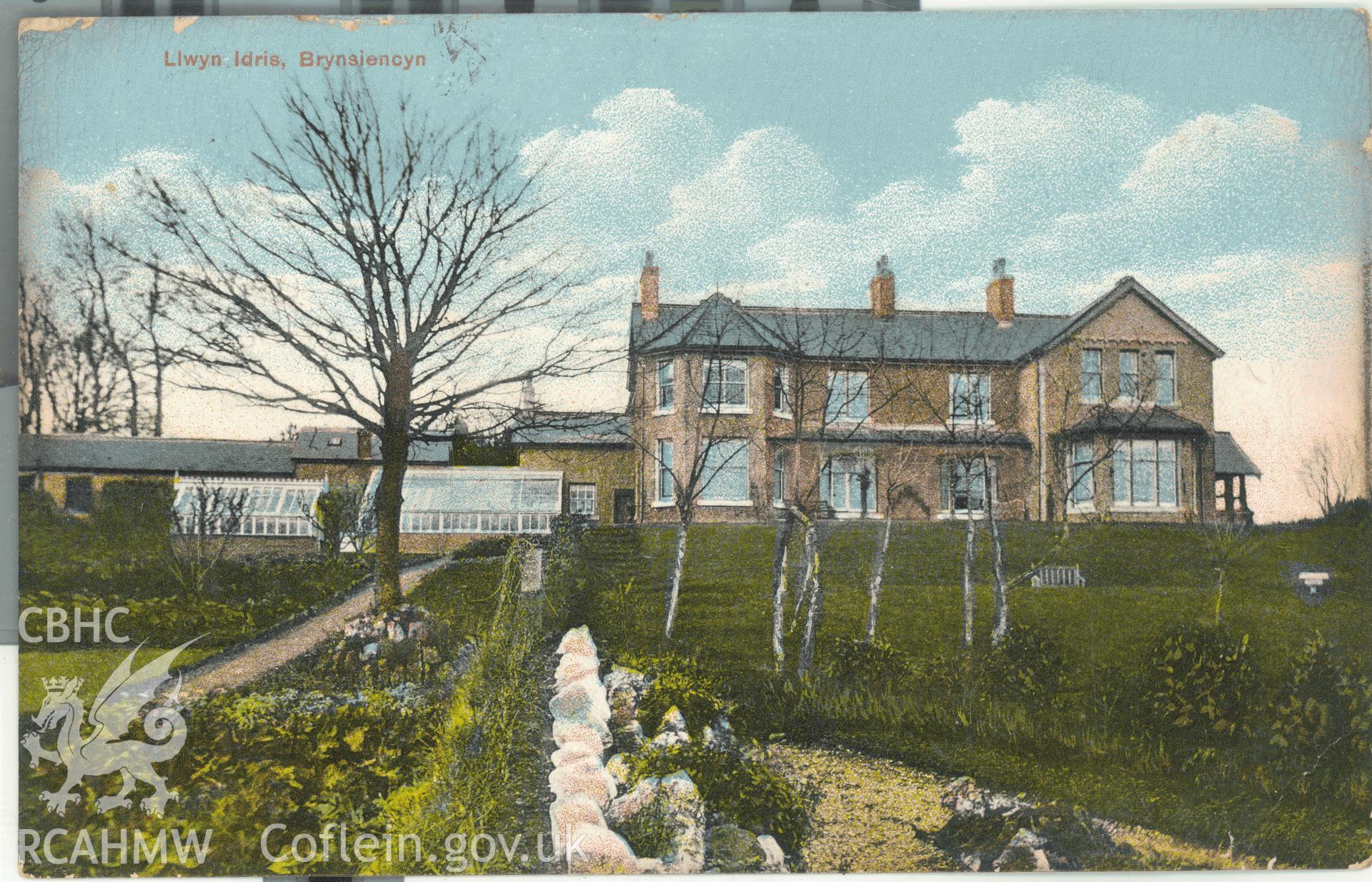 Digitised postcard image of Llywn Idris, Brynsiencyn, W.R. Jones D.W.D. Produced by Parks and Gardens Data Services, from an original item in the Peter Davis Collection at Parks and Gardens UK. We hold only web-resolution images of this collection, suitable for viewing on screen and for research purposes only. We do not hold the original images, or publication quality scans.
