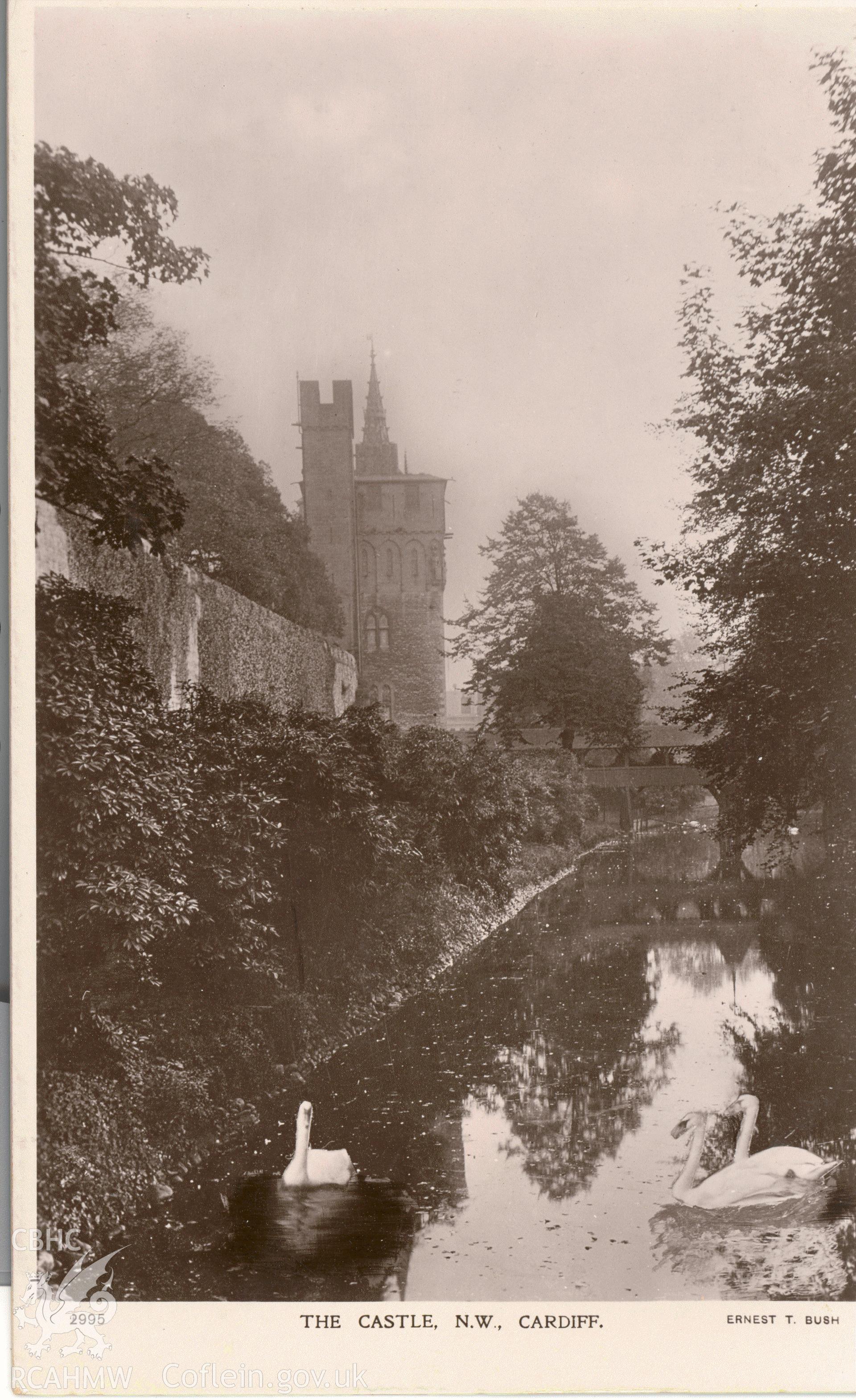 Digitised postcard image of Cardiff Castle from the north-west, The Royal Photographic Company, London. Produced by Parks and Gardens Data Services, from an original item in the Peter Davis Collection at Parks and Gardens UK. We hold only web-resolution images of this collection, suitable for viewing on screen and for research purposes only. We do not hold the original images, or publication quality scans.