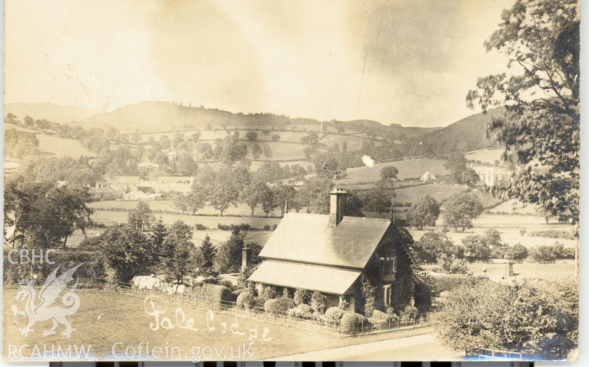 Digitised postcard image of Pal? Lodge, Llandderfel. Produced by Parks and Gardens Data Services, from an original item in the Peter Davis Collection at Parks and Gardens UK. We hold only web-resolution images of this collection, suitable for viewing on screen and for research purposes only. We do not hold the original images, or publication quality scans.