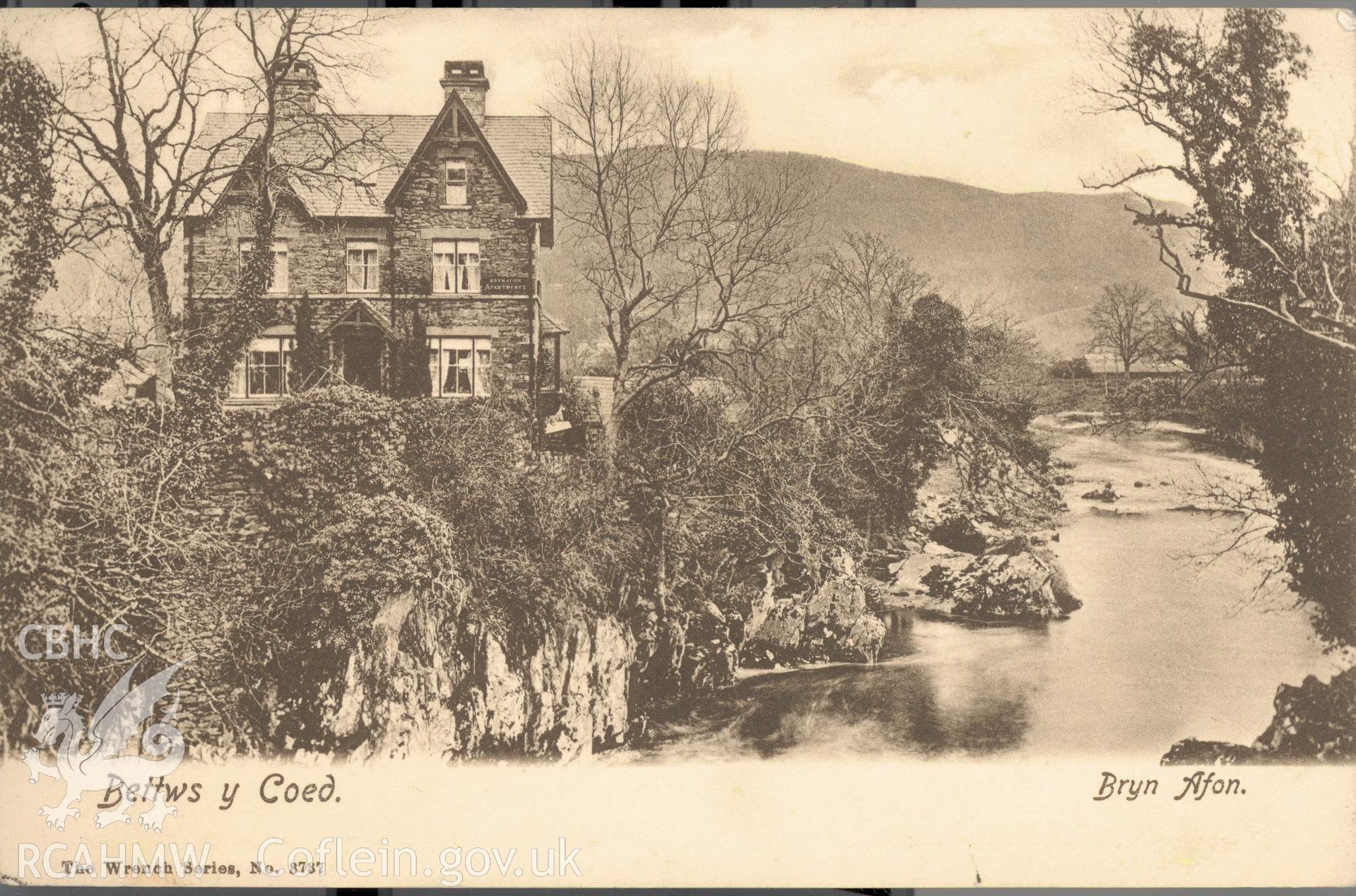 Digitised postcard image of Bryn Afon, Betws y Coed. Produced by Parks and Gardens Data Services, from an original item in the Peter Davis Collection at Parks and Gardens UK. We hold only web-resolution images of this collection, suitable for viewing on screen and for research purposes only. We do not hold the original images, or publication quality scans.