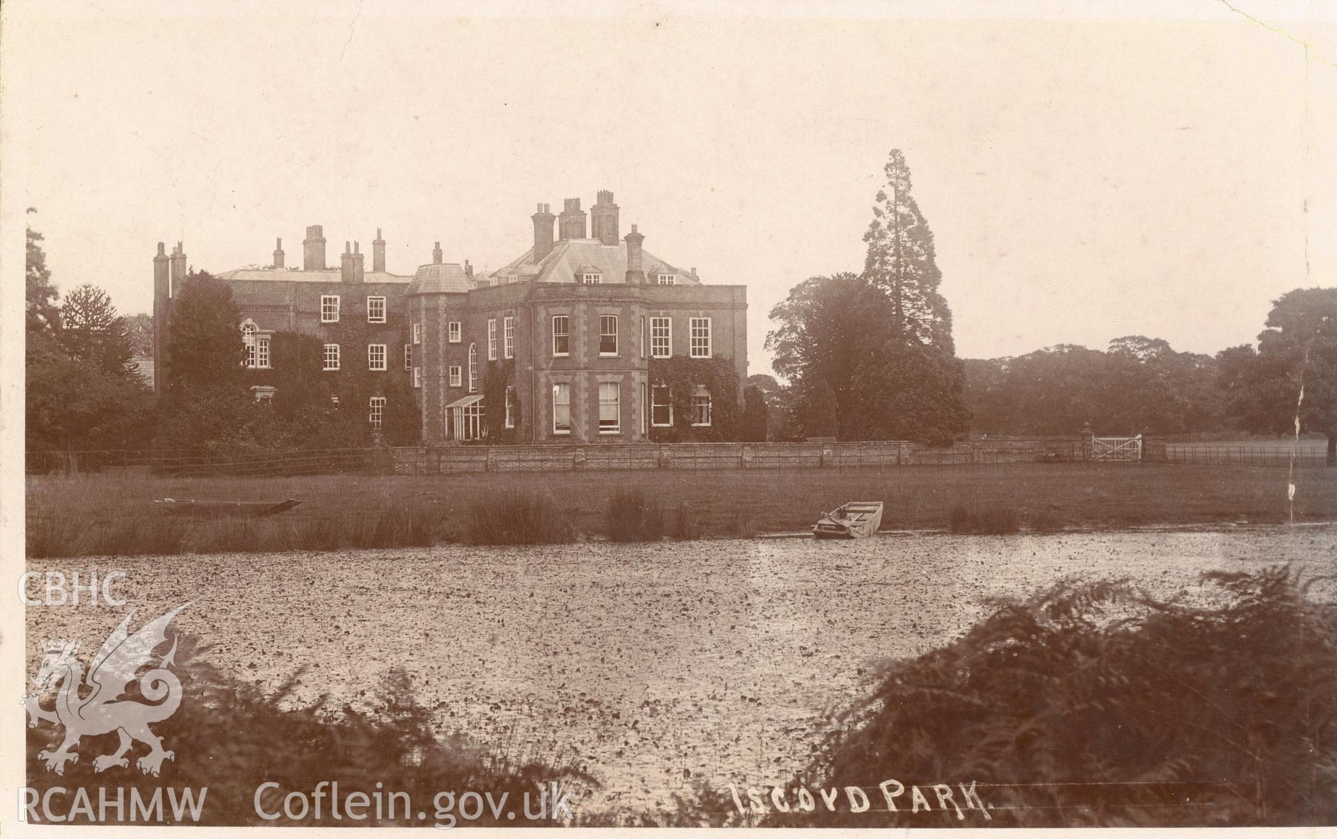Digitised postcard image of Iscoyd Park, Bronington. Produced by Parks and Gardens Data Services, from an original item in the Peter Davis Collection at Parks and Gardens UK. We hold only web-resolution images of this collection, suitable for viewing on screen and for research purposes only. We do not hold the original images, or publication quality scans.