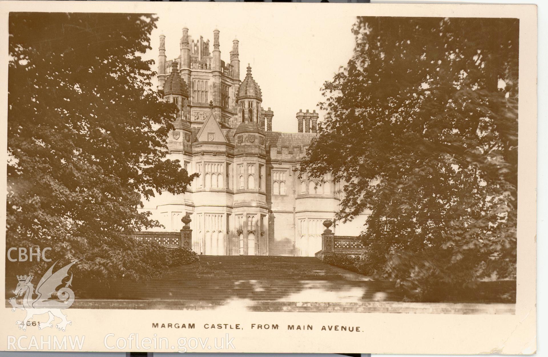 Digitised postcard image of Margam Castle, Kingsway real Photo series. Produced by Parks and Gardens Data Services, from an original item in the Peter Davis Collection at Parks and Gardens UK. We hold only web-resolution images of this collection, suitable for viewing on screen and for research purposes only. We do not hold the original images, or publication quality scans.