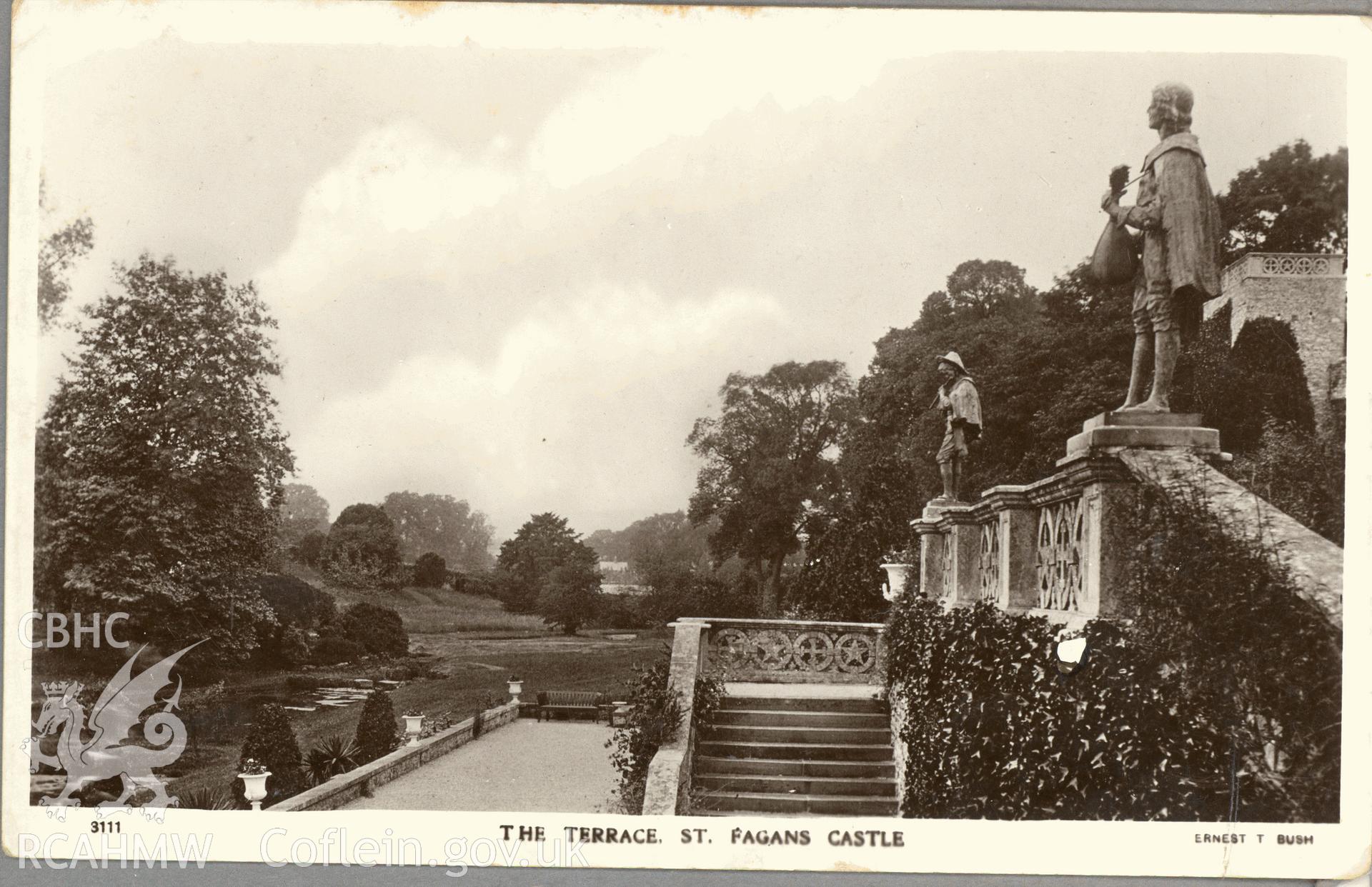 Digitised postcard image of the terrace, St Fagans castle with statues, The Royal Photographic Company, London. Ernest T Bush. Produced by Parks and Gardens Data Services, from an original item in the Peter Davis Collection at Parks and Gardens UK. We hold only web-resolution images of this collection, suitable for viewing on screen and for research purposes only. We do not hold the original images, or publication quality scans.