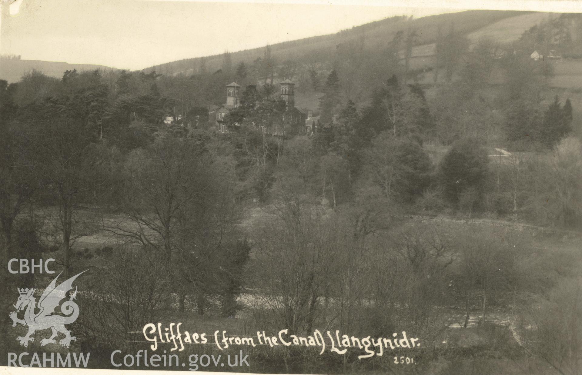 Digitised postcard image of Gliffaes House. Produced by Parks and Gardens Data Services, from an original item in the Peter Davis Collection at Parks and Gardens UK. We hold only web-resolution images of this collection, suitable for viewing on screen and for research purposes only. We do not hold the original images, or publication quality scans.