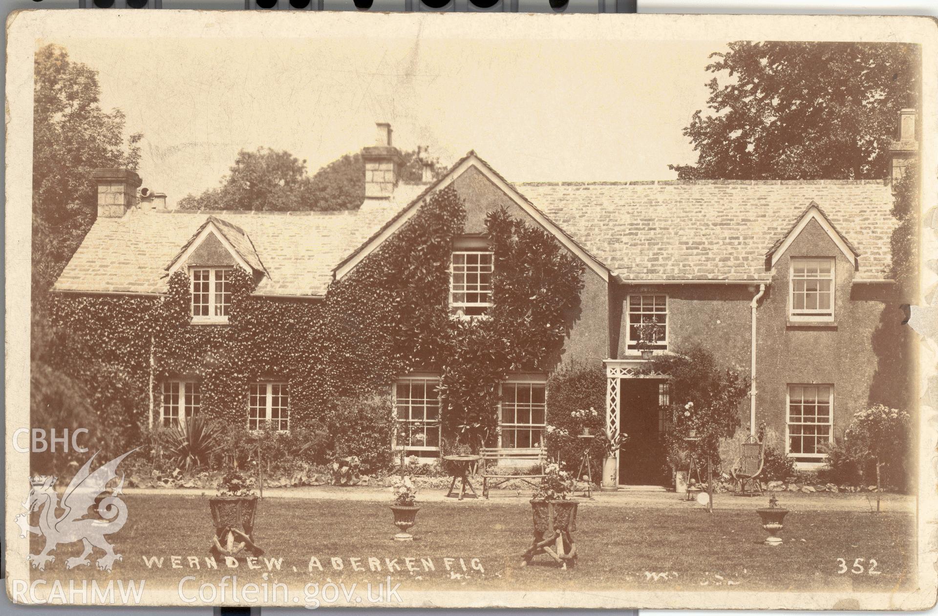 Digitised postcard image of Werndew, Aberkenfig. Produced by Parks and Gardens Data Services, from an original item in the Peter Davis Collection at Parks and Gardens UK. We hold only web-resolution images of this collection, suitable for viewing on screen and for research purposes only. We do not hold the original images, or publication quality scans.