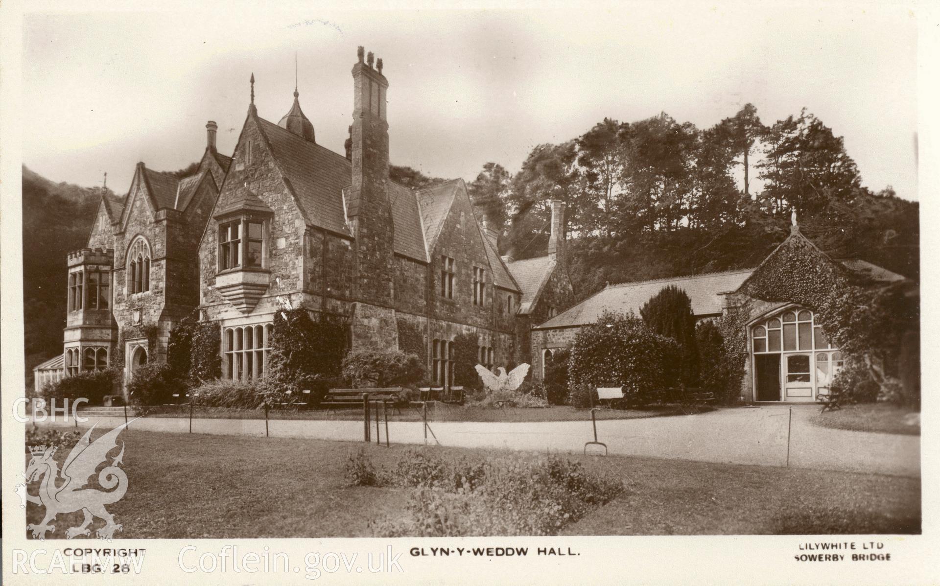 Digitised postcard image of Plas Glyn y weddw, Llanbedrog, Lilywhite Ltd. Produced by Parks and Gardens Data Services, from an original item in the Peter Davis Collection at Parks and Gardens UK. We hold only web-resolution images of this collection, suitable for viewing on screen and for research purposes only. We do not hold the original images, or publication quality scans.