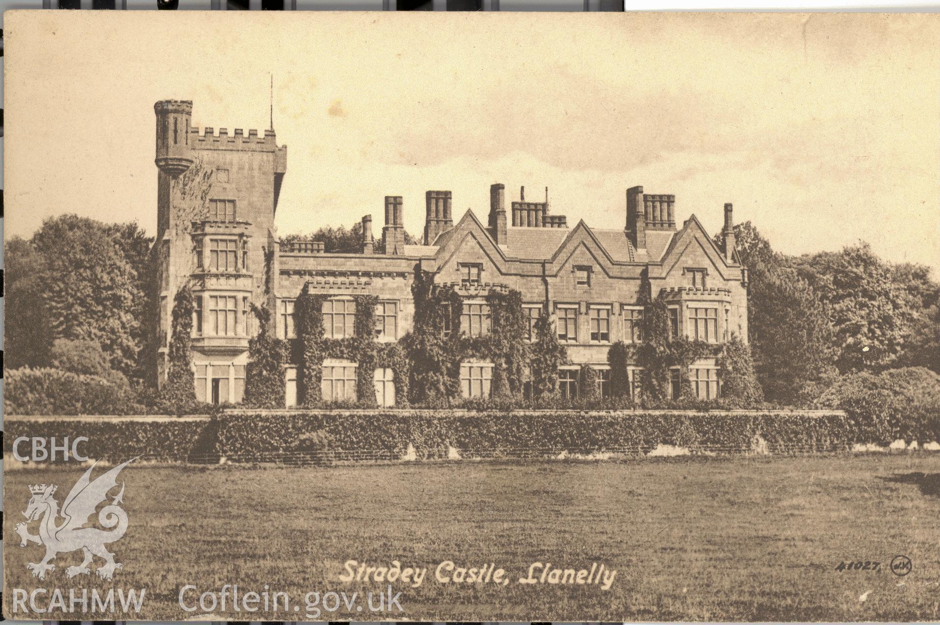 Digitised postcard image of Stradey Castle, Llanelli, The Pelham Series Local views by Boots pure Drug Co LTD. Produced by Parks and Gardens Data Services, from an original item in the Peter Davis Collection at Parks and Gardens UK. We hold only web-resolution images of this collection, suitable for viewing on screen and for research purposes only. We do not hold the original images, or publication quality scans.
