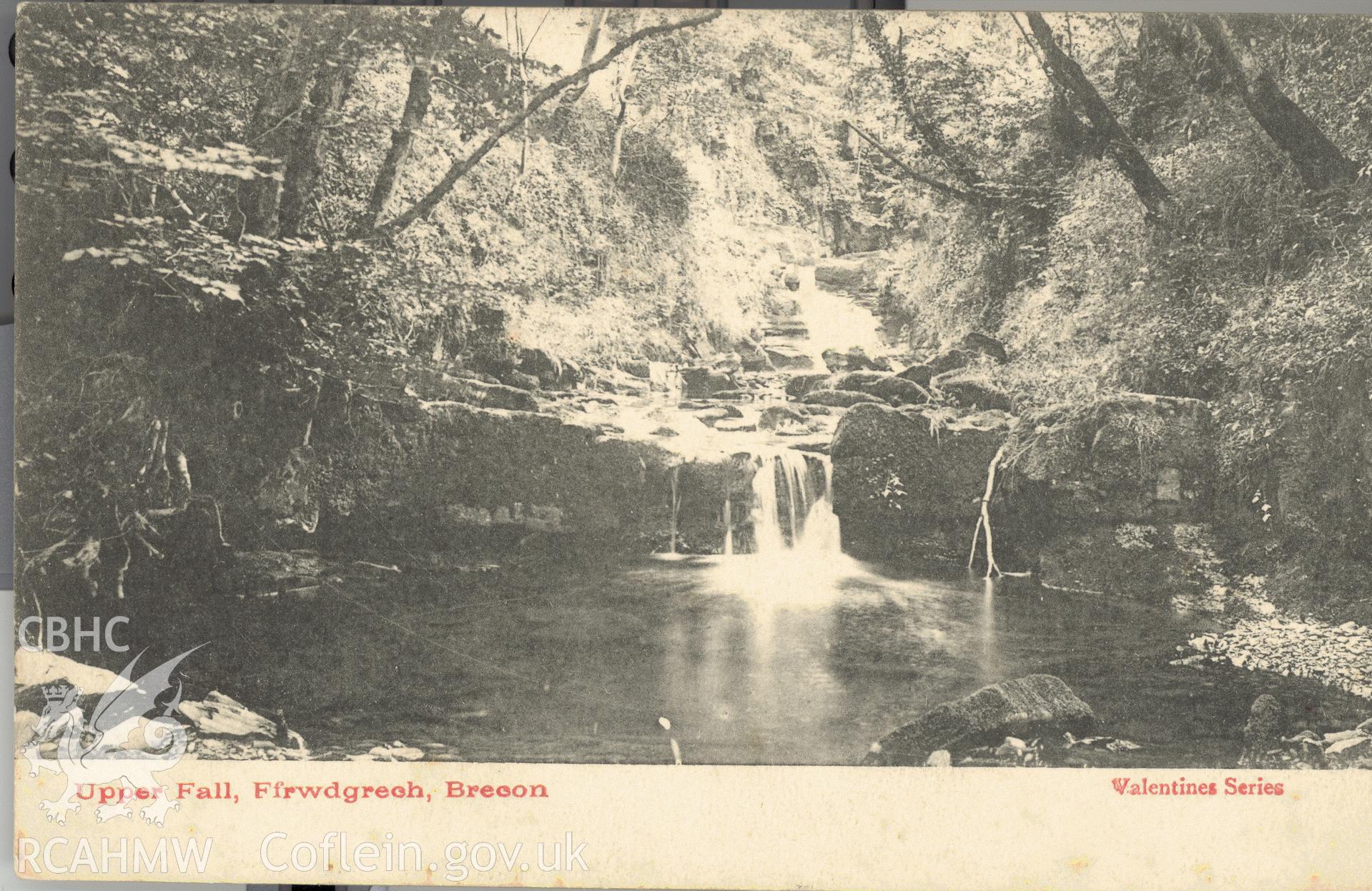 Digitised postcard image of Waterfall, Ffrwdgrech Garden, Brecon, Valentines Series. Produced by Parks and Gardens Data Services, from an original item in the Peter Davis Collection at Parks and Gardens UK. We hold only web-resolution images of this collection, suitable for viewing on screen and for research purposes only. We do not hold the original images, or publication quality scans.