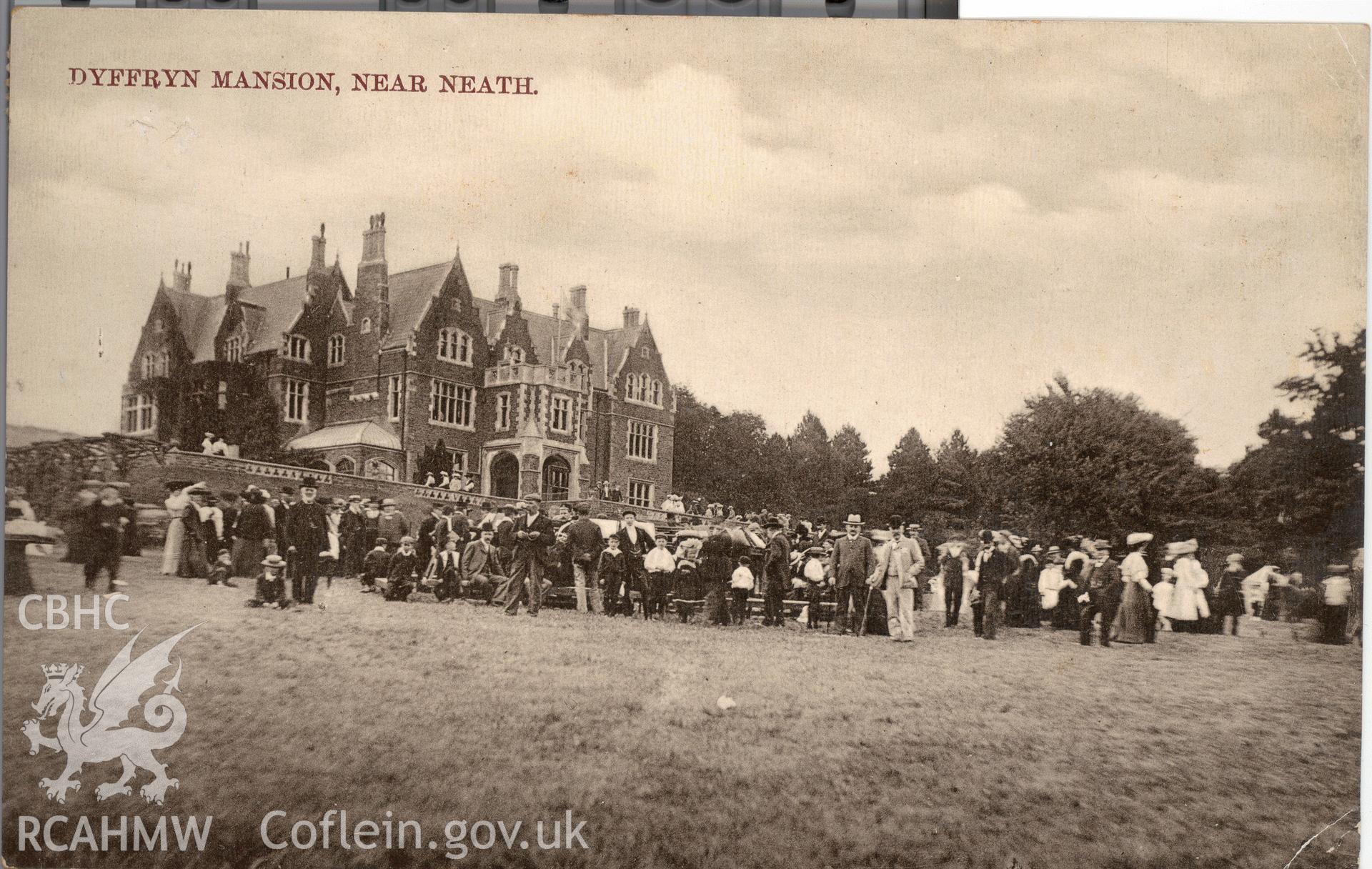 Digitised postcard image of Duffryn House, Bryn Coch, and figures, F.W. Holloway, Windsor Road, Neath. Produced by Parks and Gardens Data Services, from an original item in the Peter Davis Collection at Parks and Gardens UK. We hold only web-resolution images of this collection, suitable for viewing on screen and for research purposes only. We do not hold the original images, or publication quality scans.