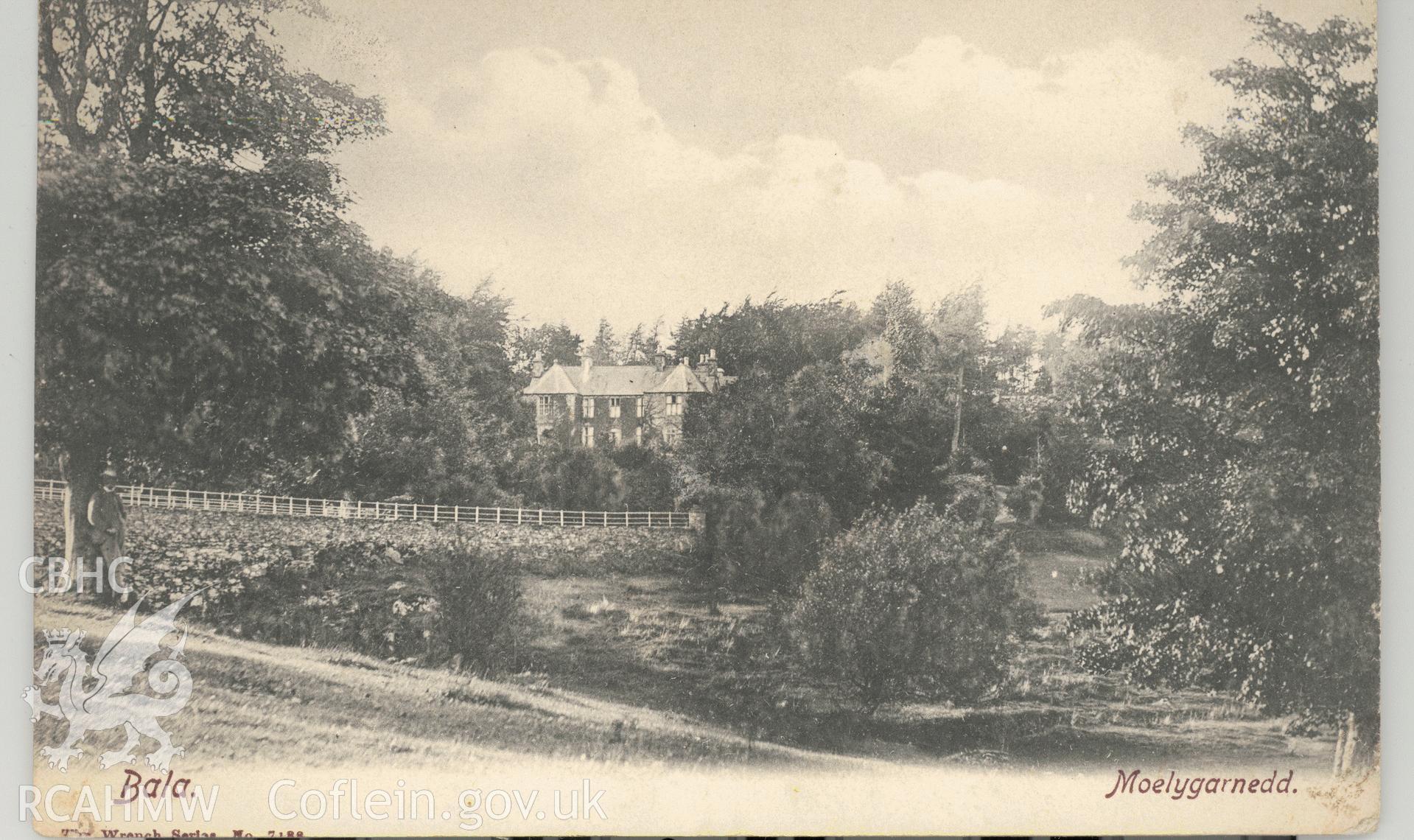 Digitised postcard image of Plas Moel-y-garnedd, Llanycil, The Wrench series. Produced by Parks and Gardens Data Services, from an original item in the Peter Davis Collection at Parks and Gardens UK. We hold only web-resolution images of this collection, suitable for viewing on screen and for research purposes only. We do not hold the original images, or publication quality scans.