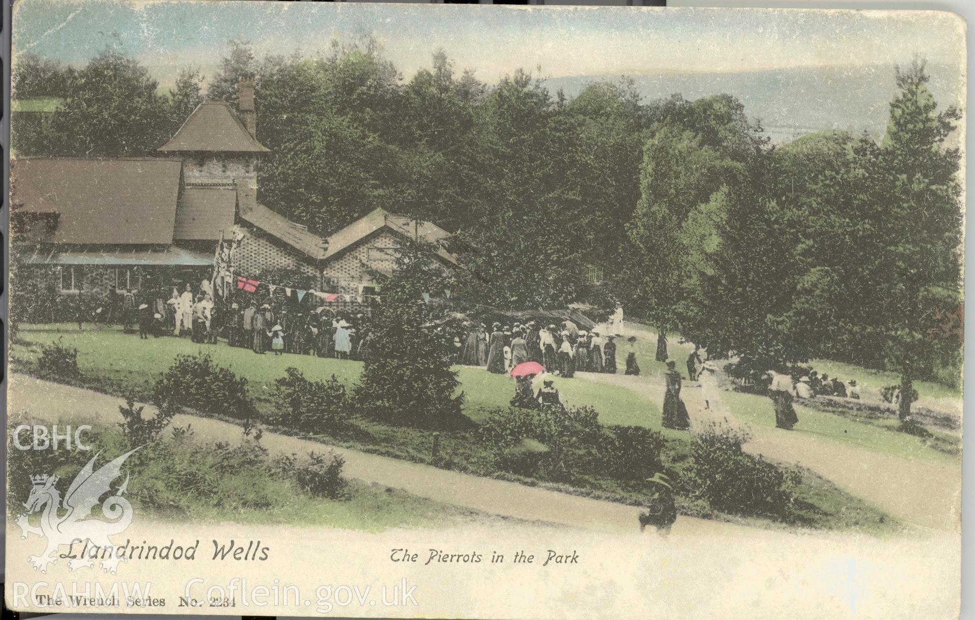 Digitised postcard image of the Pierrots in the Park, Llandrindod Wells, the Wrench series. Produced by Parks and Gardens Data Services, from an original item in the Peter Davis Collection at Parks and Gardens UK. We hold only web-resolution images of this collection, suitable for viewing on screen and for research purposes only. We do not hold the original images, or publication quality scans.