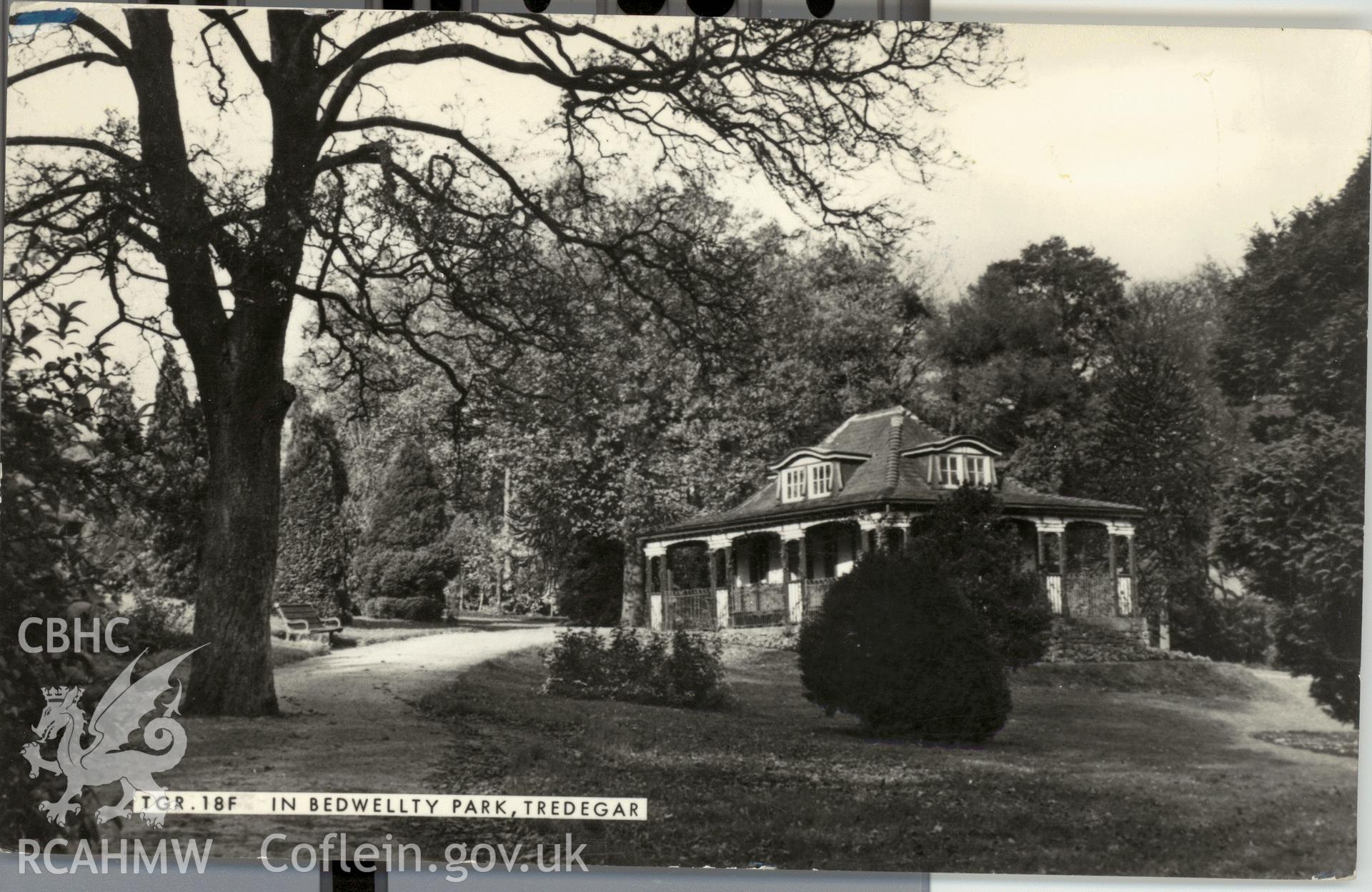 Digitised postcard image of garden pavilion in Bedwellty Patk, F. Frith & Co. Ltd. Produced by Parks and Gardens Data Services, from an original item in the Peter Davis Collection at Parks and Gardens UK. We hold only web-resolution images of this collection, suitable for viewing on screen and for research purposes only. We do not hold the original images, or publication quality scans.