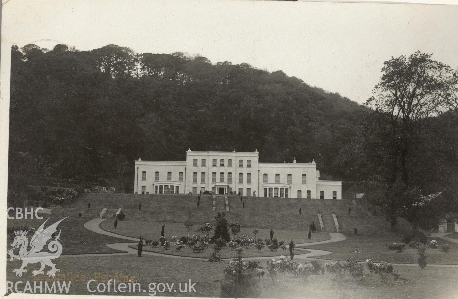 Digitised postcard image of Llanmilo House, Pendine. Produced by Parks and Gardens Data Services, from an original item in the Peter Davis Collection at Parks and Gardens UK. We hold only web-resolution images of this collection, suitable for viewing on screen and for research purposes only. We do not hold the original images, or publication quality scans.