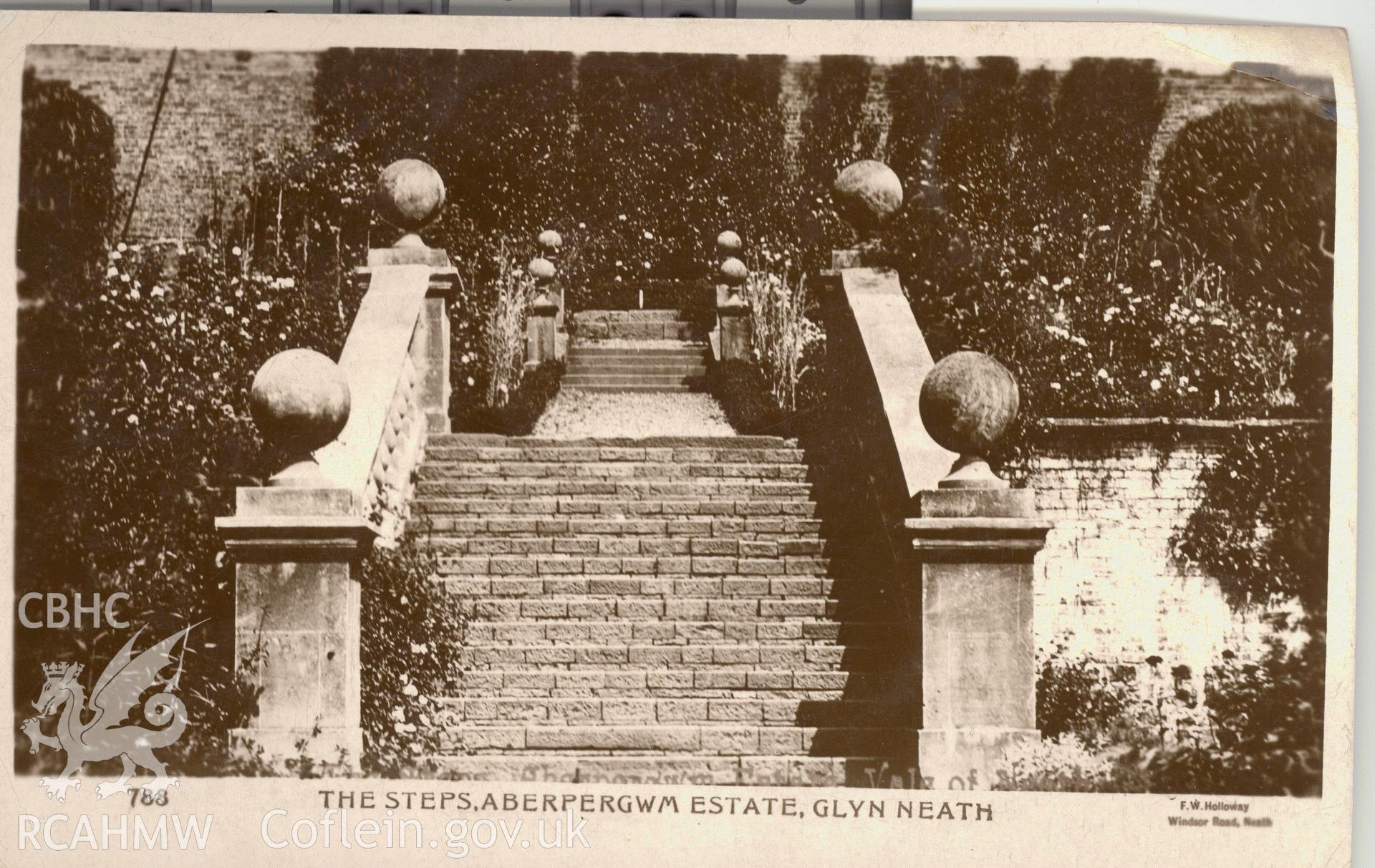 Digitised postcard image of the steps at Aberpergwm House, Neath, F.W. Holloway, Windsor Road, Neath. Produced by Parks and Gardens Data Services, from an original item in the Peter Davis Collection at Parks and Gardens UK. We hold only web-resolution images of this collection, suitable for viewing on screen and for research purposes only. We do not hold the original images, or publication quality scans.