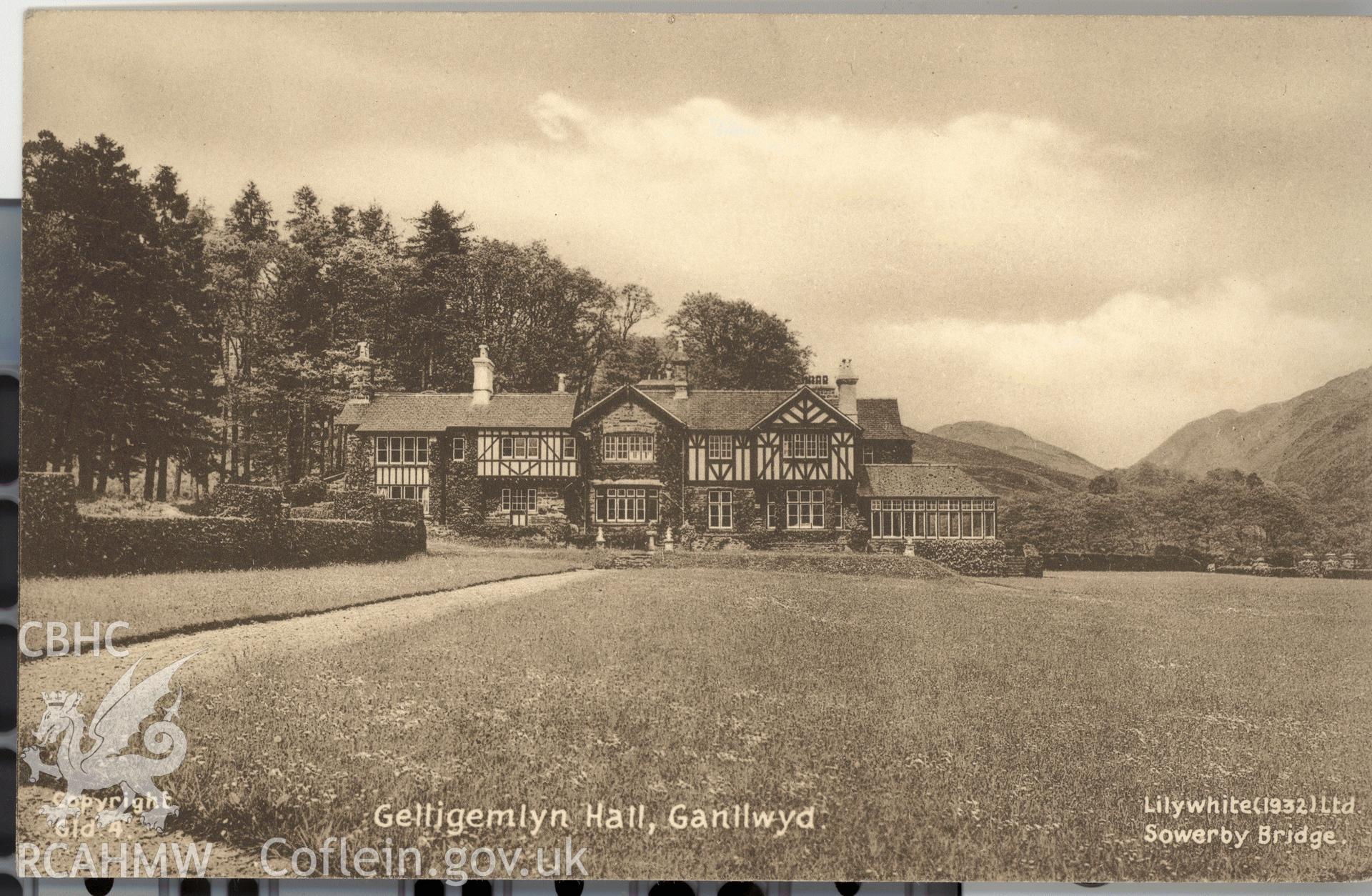 Digitised postcard image of Gellgemlyn Hall, Ganllwyd, Lilywhite's(1932) Ltd. Produced by Parks and Gardens Data Services, from an original item in the Peter Davis Collection at Parks and Gardens UK. We hold only web-resolution images of this collection, suitable for viewing on screen and for research purposes only. We do not hold the original images, or publication quality scans.
