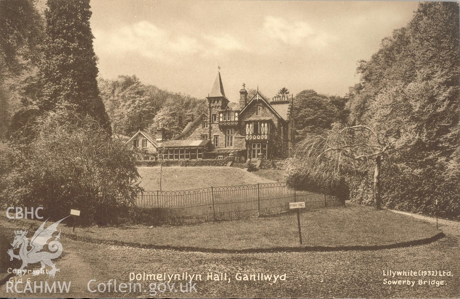 Digitised postcard image of Dolmelynllyn Hall, Ganllwyd, Lilywhite (1932) Ltd. Produced by Parks and Gardens Data Services, from an original item in the Peter Davis Collection at Parks and Gardens UK. We hold only web-resolution images of this collection, suitable for viewing on screen and for research purposes only. We do not hold the original images, or publication quality scans.