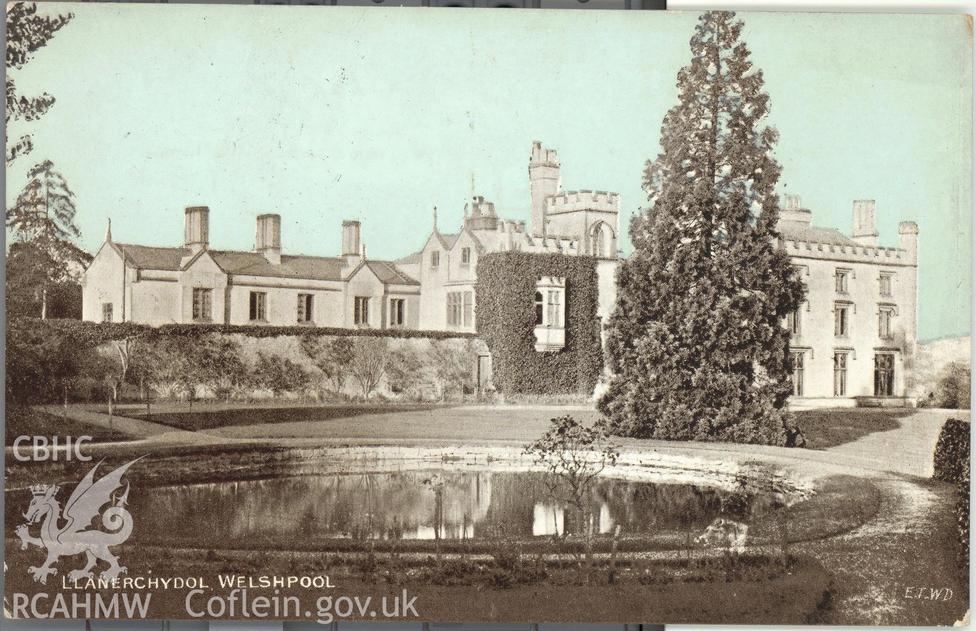 Digitised postcard image of Llanerchydol Hall, Welshpool, with pond, Dainty series. Produced by Parks and Gardens Data Services, from an original item in the Peter Davis Collection at Parks and Gardens UK. We hold only web-resolution images of this collection, suitable for viewing on screen and for research purposes only. We do not hold the original images, or publication quality scans.