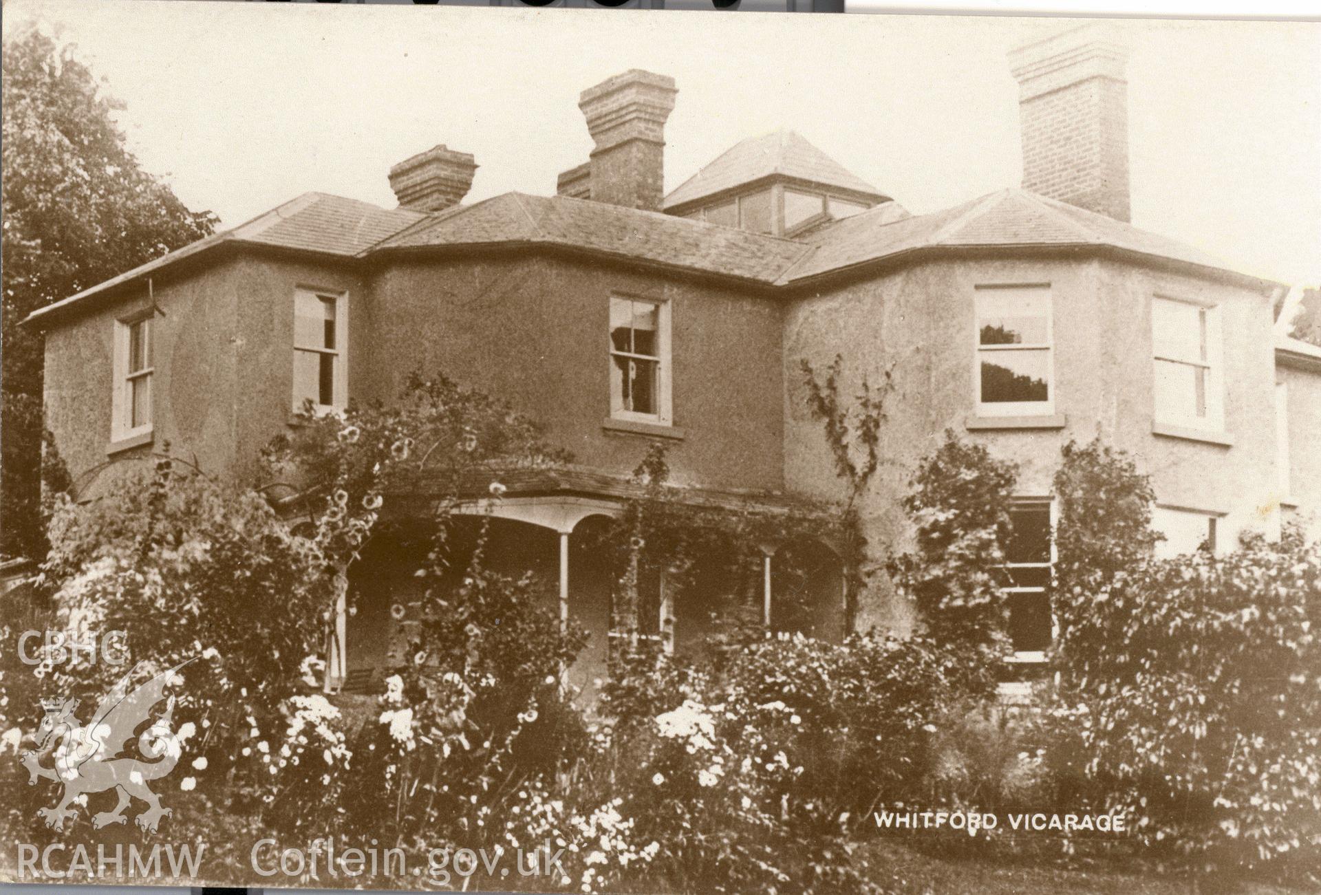 Digitised postcard image of Vicarage, Whitford. Produced by Parks and Gardens Data Services, from an original item in the Peter Davis Collection at Parks and Gardens UK. We hold only web-resolution images of this collection, suitable for viewing on screen and for research purposes only. We do not hold the original images, or publication quality scans.