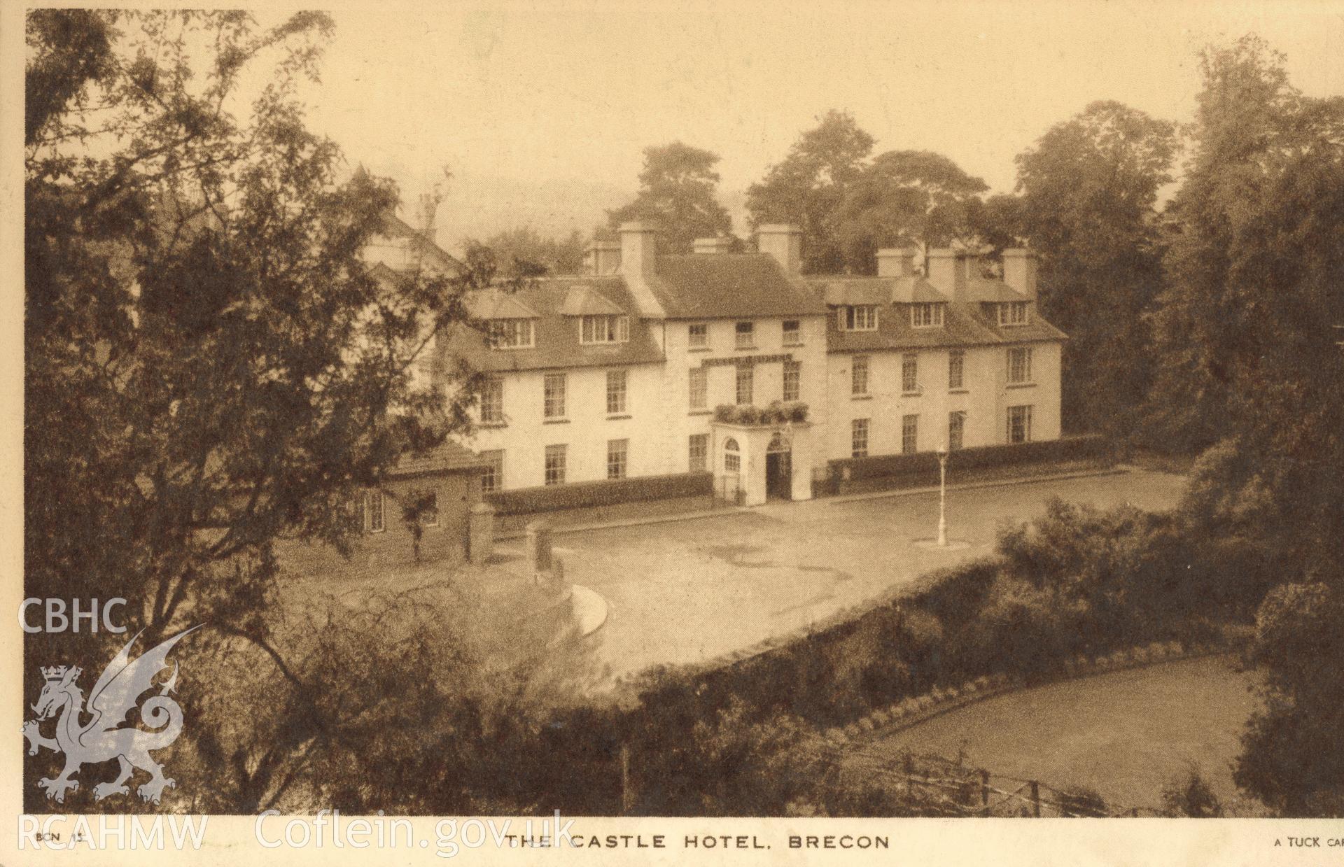 Digitised postcard image of Castle Hotel, Brecon, Raphael Tuck and Sons Ltd. Produced by Parks and Gardens Data Services, from an original item in the Peter Davis Collection at Parks and Gardens UK. We hold only web-resolution images of this collection, suitable for viewing on screen and for research purposes only. We do not hold the original images, or publication quality scans.