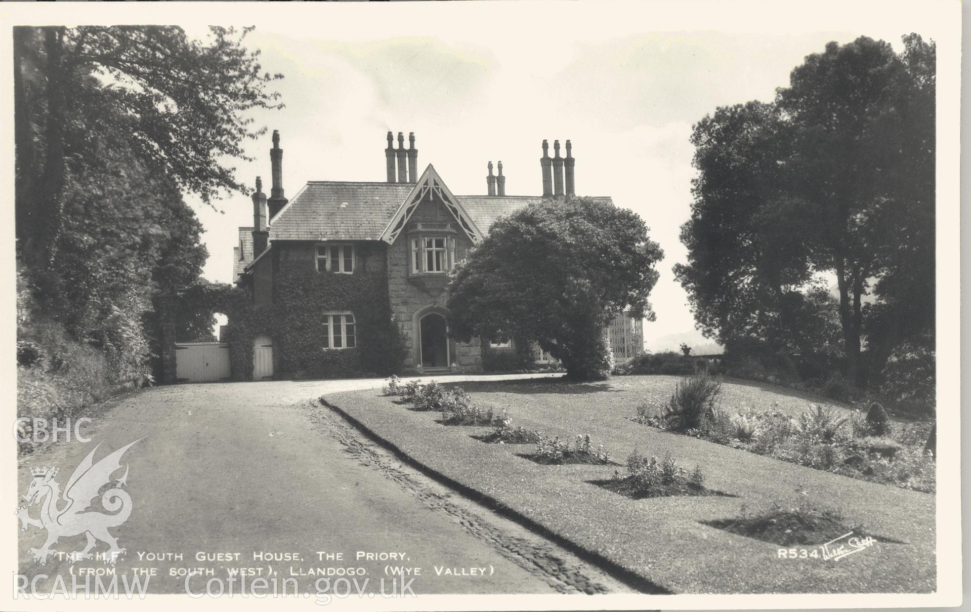 Digitised postcard image of the Priory, Llandogo, Walter Scott, Bradford. Produced by Parks and Gardens Data Services, from an original item in the Peter Davis Collection at Parks and Gardens UK. We hold only web-resolution images of this collection, suitable for viewing on screen and for research purposes only. We do not hold the original images, or publication quality scans.